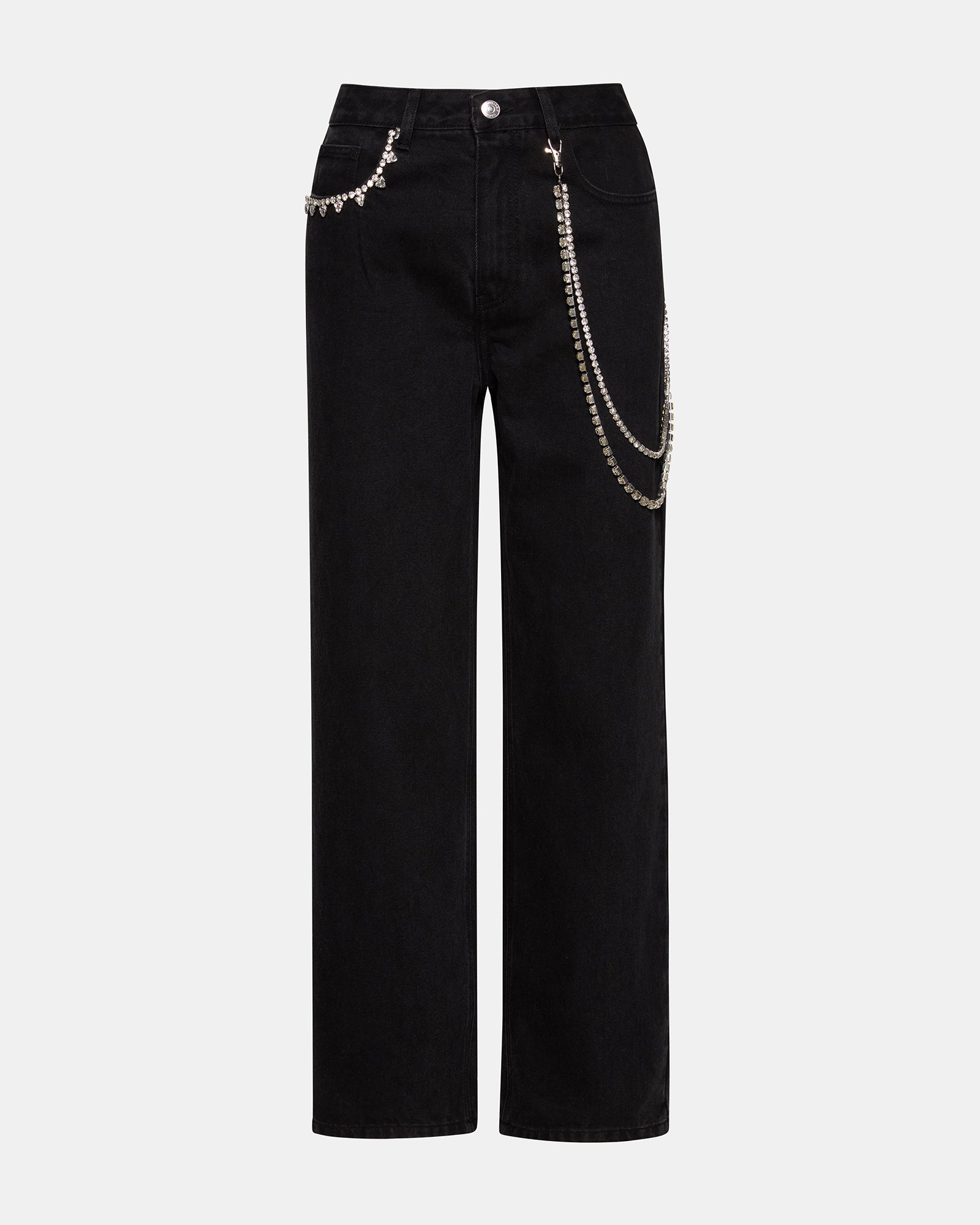 Front view of Swift wide-leg denim jeans with chain detail.