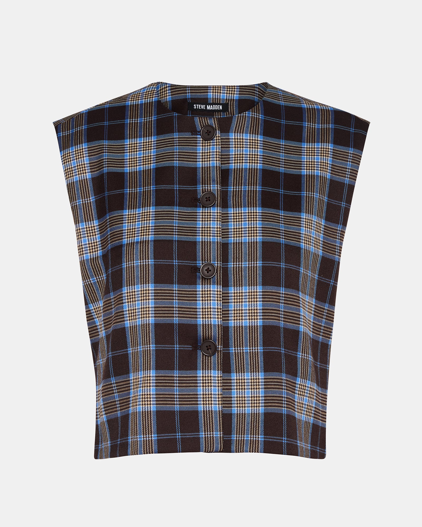 Back view of the womens blouse showing the tailored fit and plaid pattern across shoulders