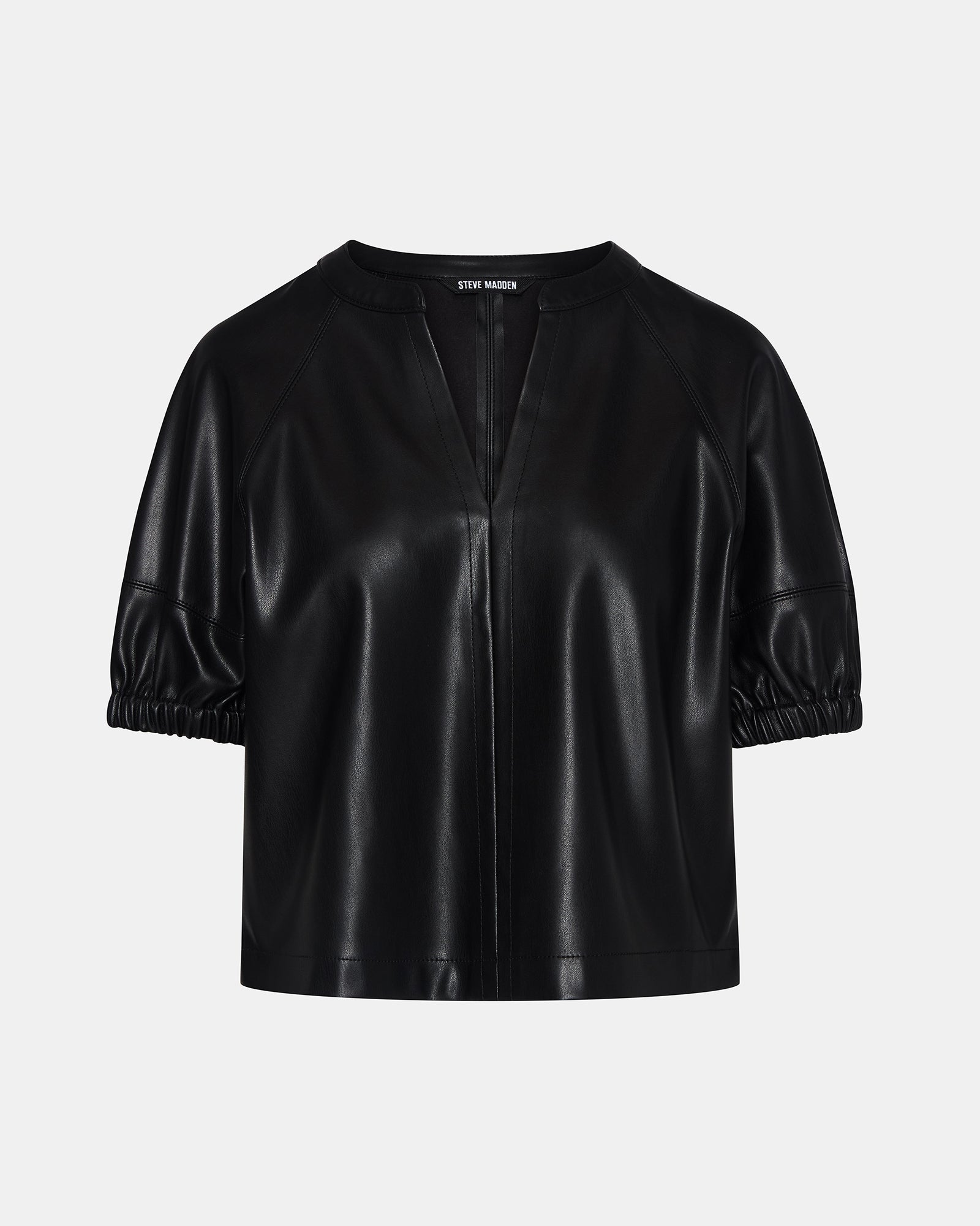 Front view of Roxanne black leather crop top featuring puff sleeves.