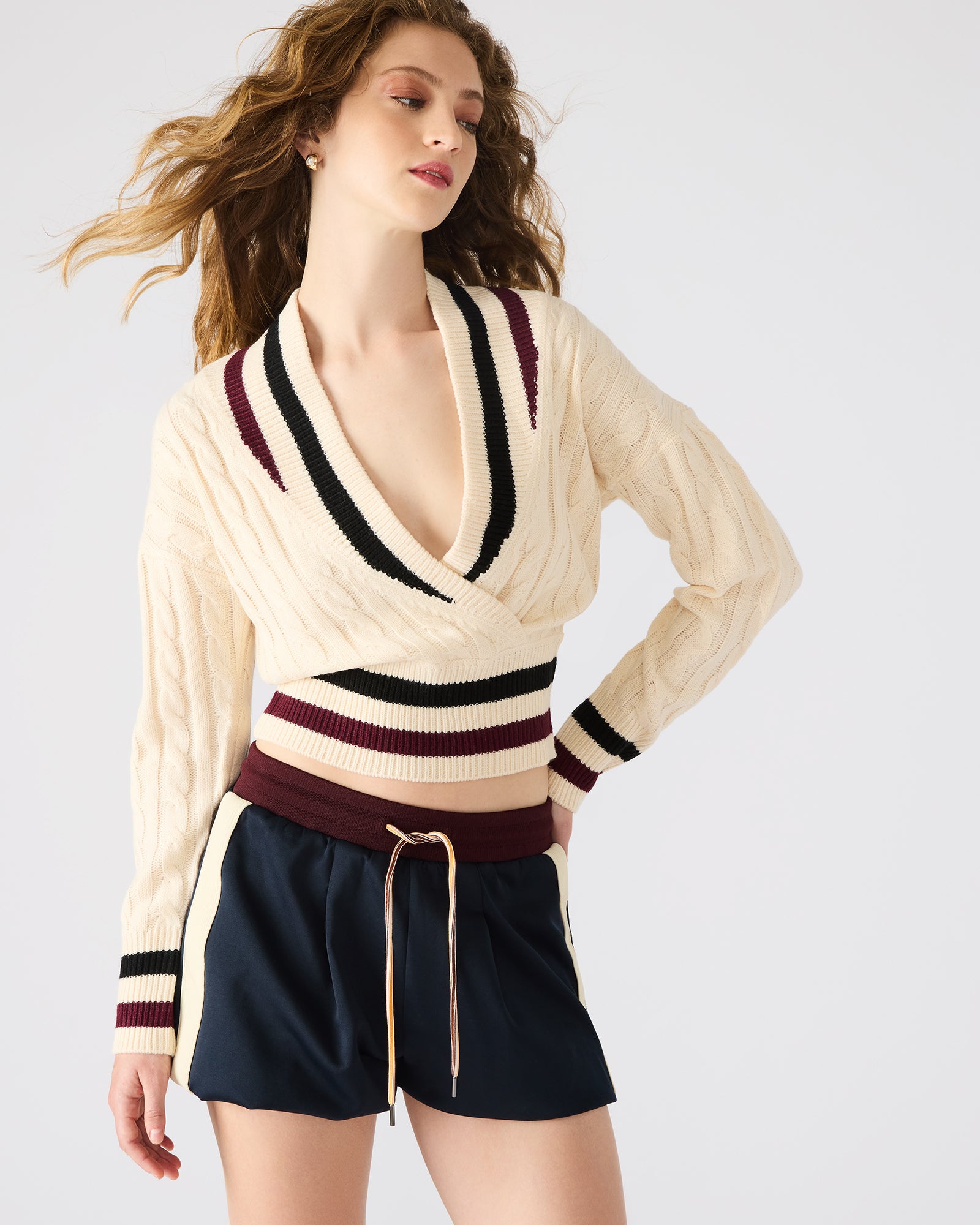 Close-up of the faux wrap and striping detail