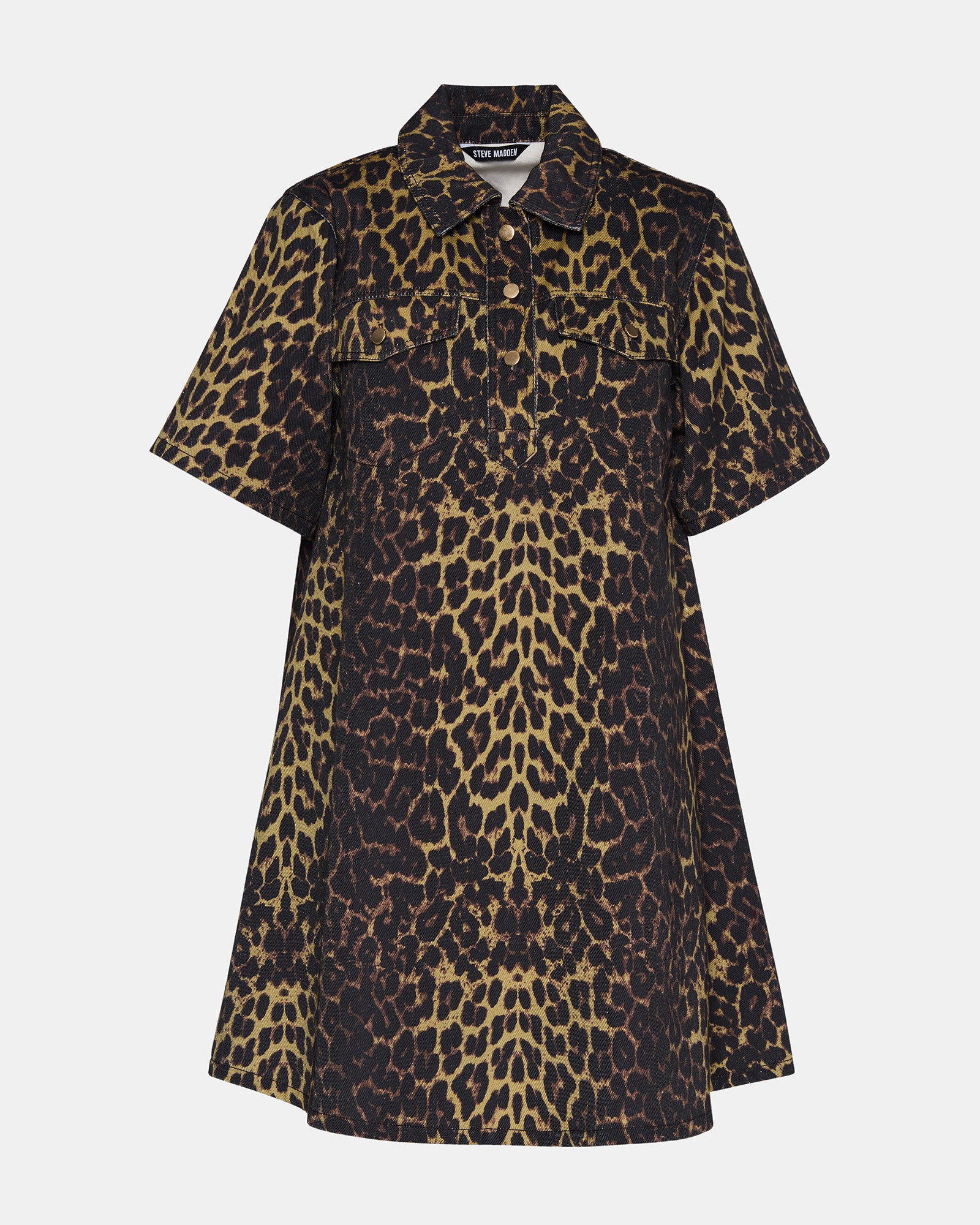 Front view of Freddy denim dress with hot spots print and short sleeves