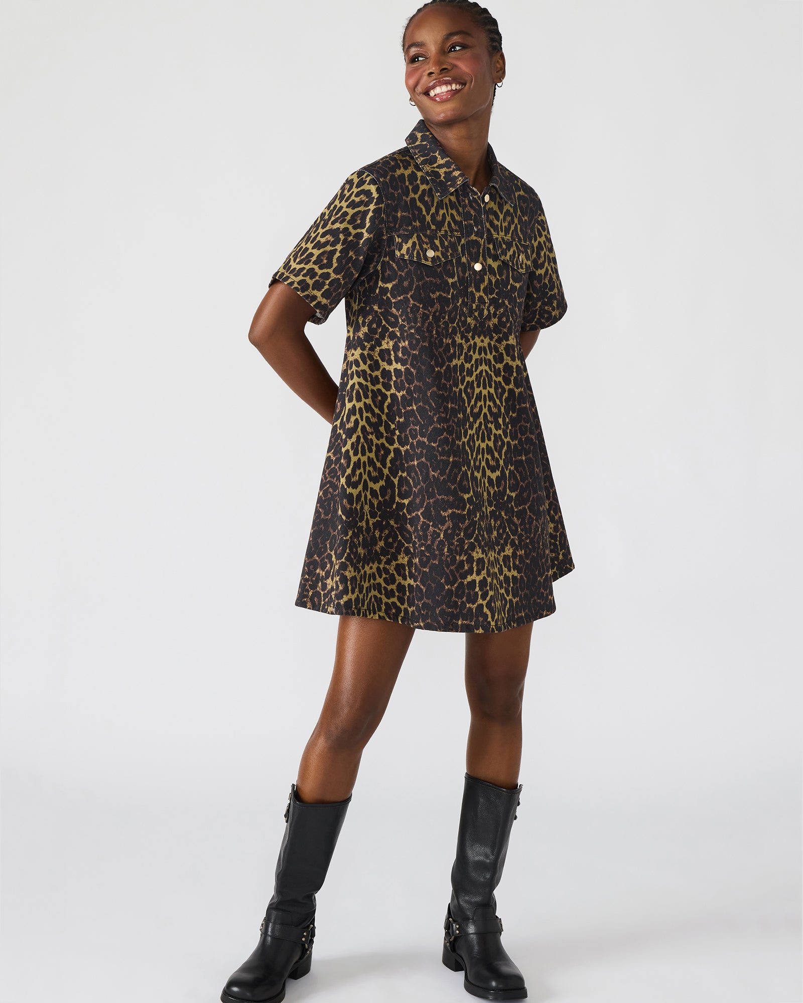 Front view of Freddy denim dress with hot spots print and short sleeves