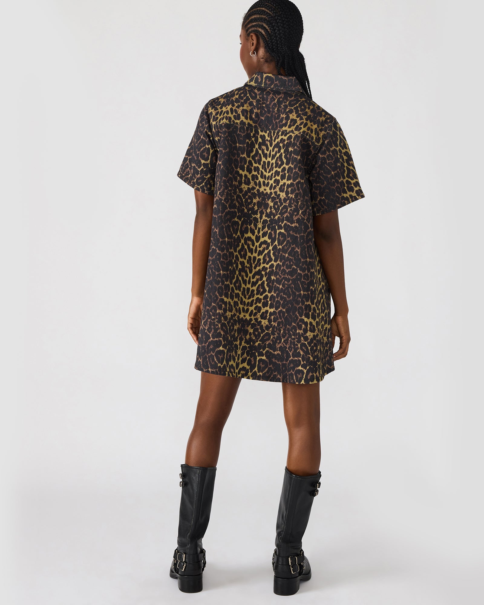 Front view of Freddy denim dress with hot spots print and short sleeves