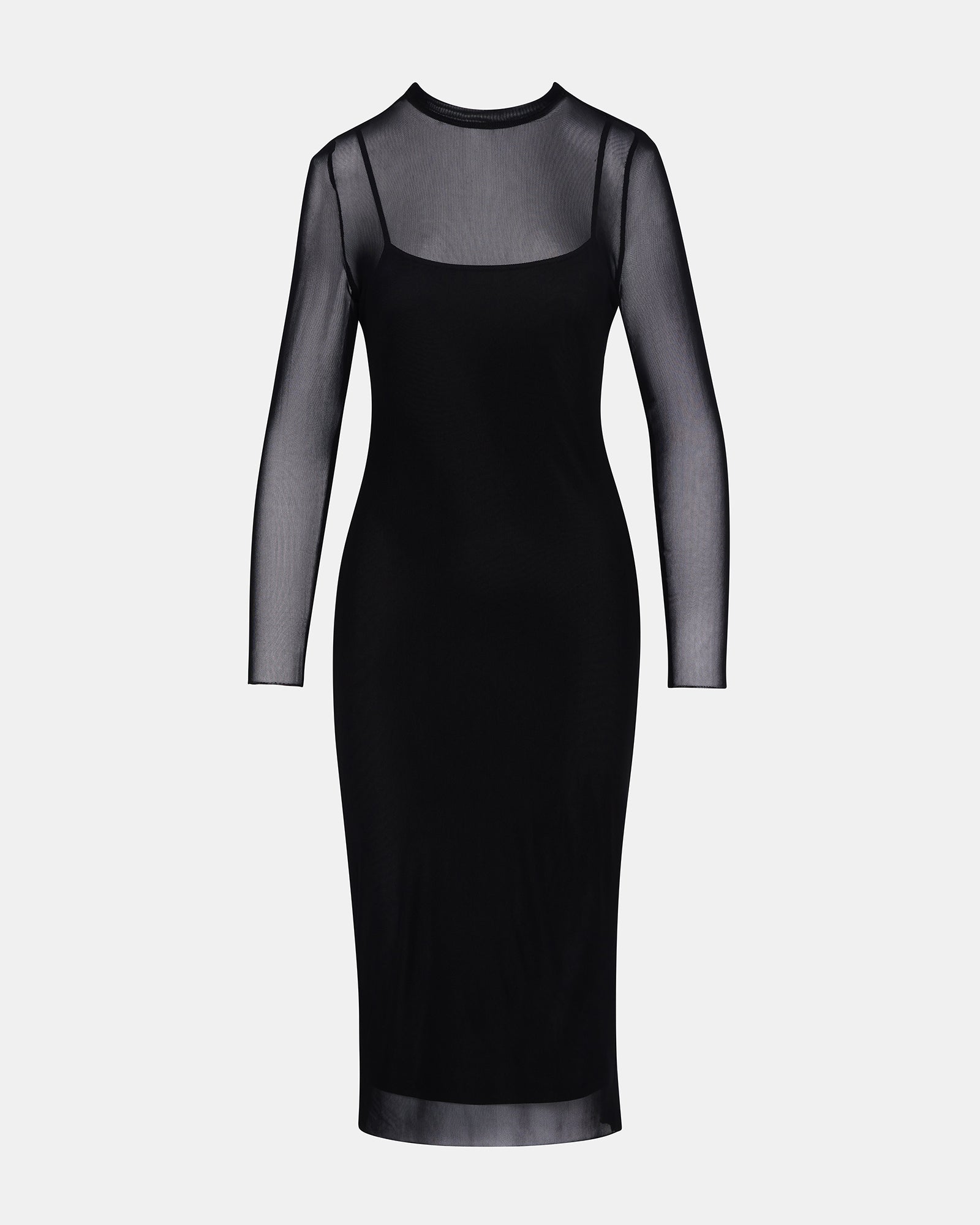 Front view of Hailee sheer mesh black midi dress on model