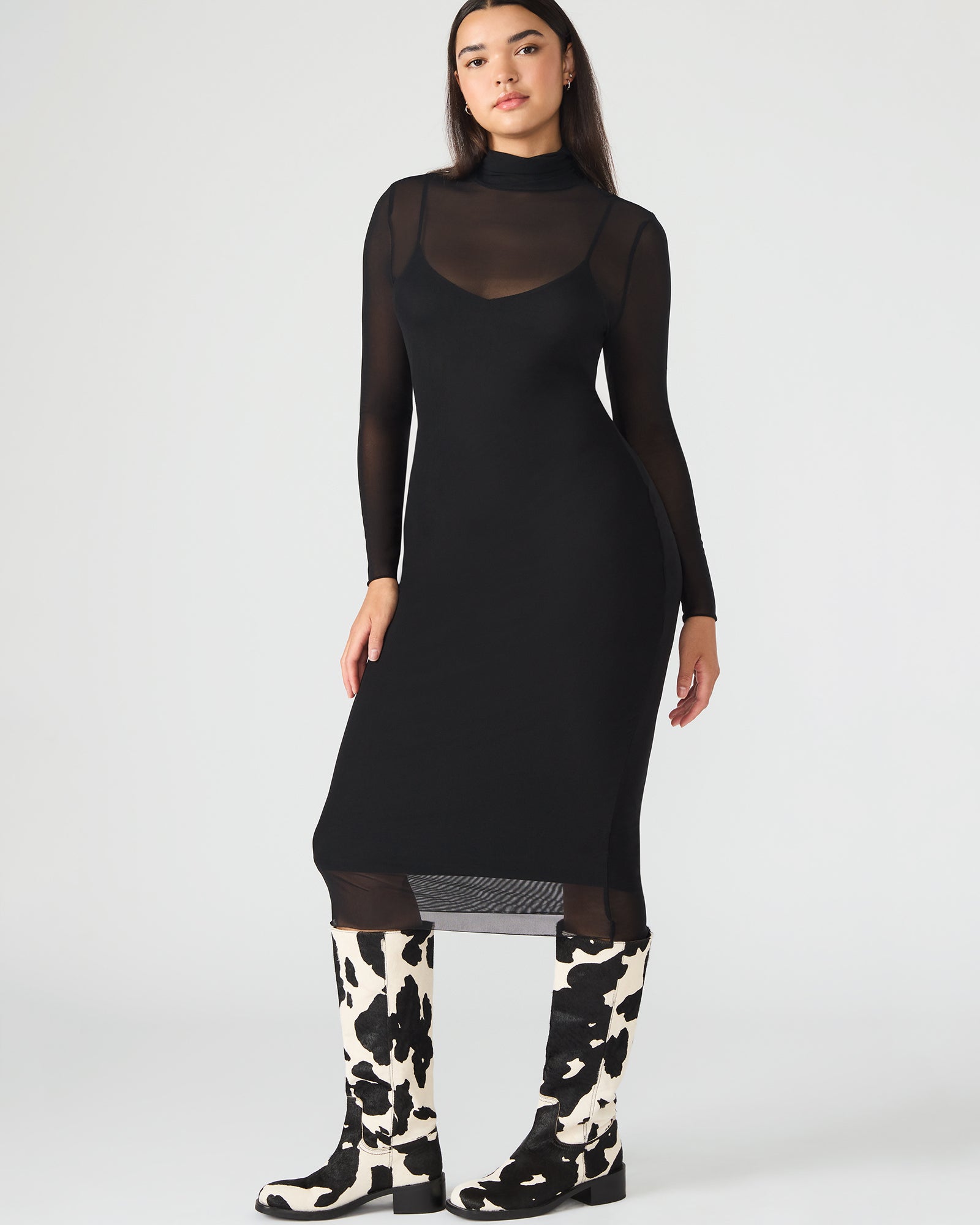 Close-up of the mock neck detail on the Hailee black midi dress