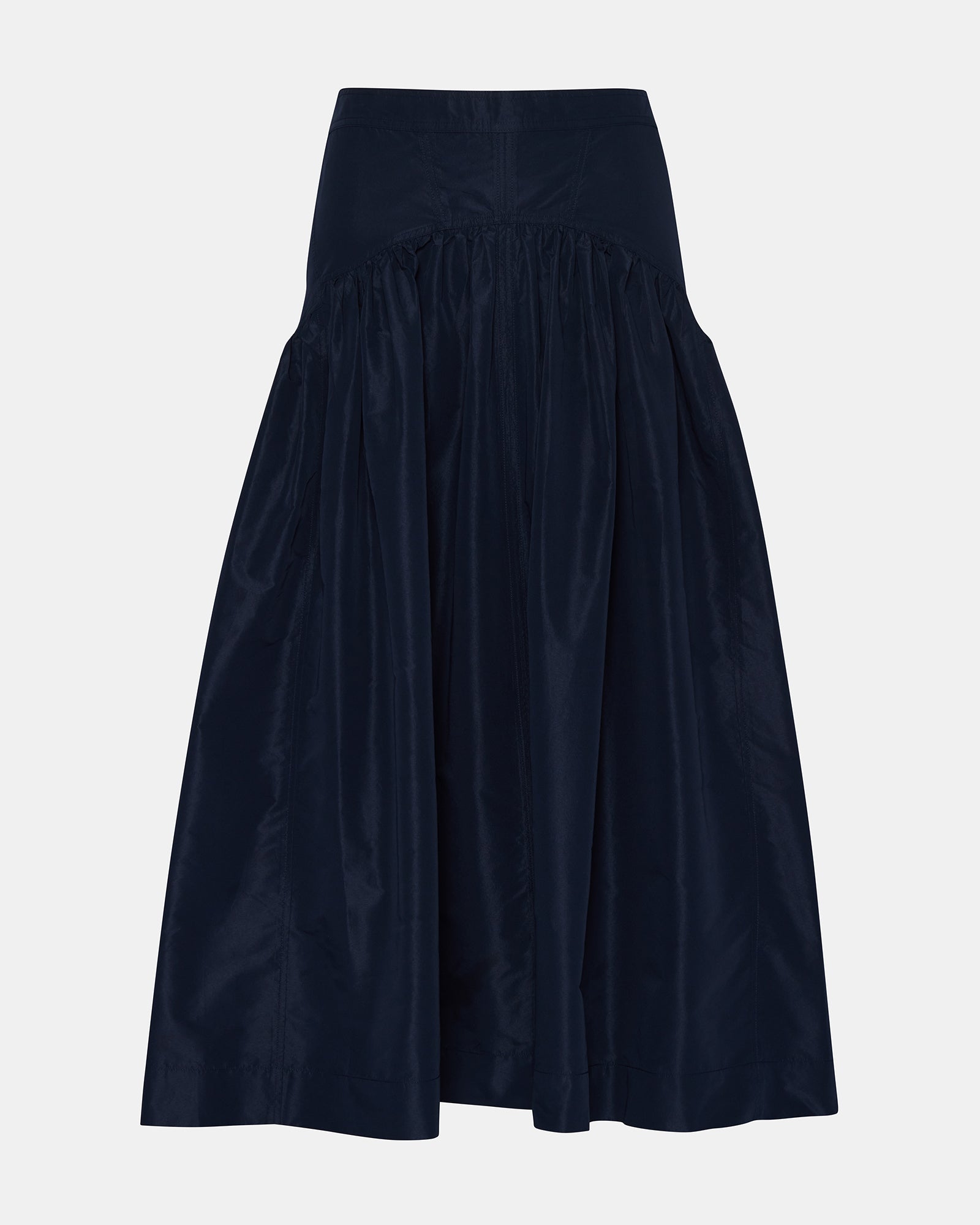 Black maxi skirt side view, flowing hem on styled mannequin