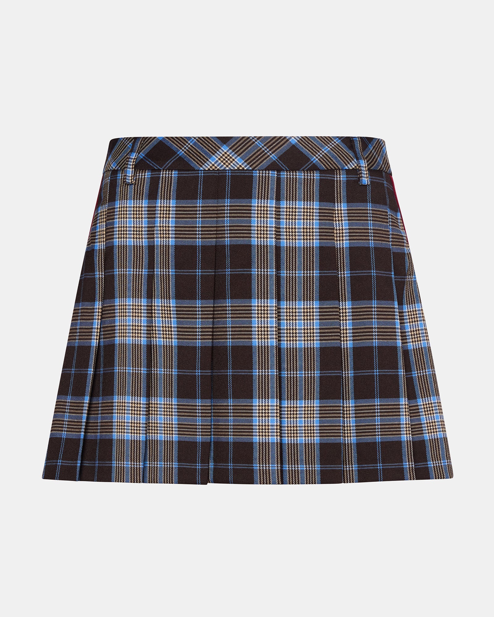 Model wearing the brown plaid pleated mini skirt paired with a simple top for a daytime look