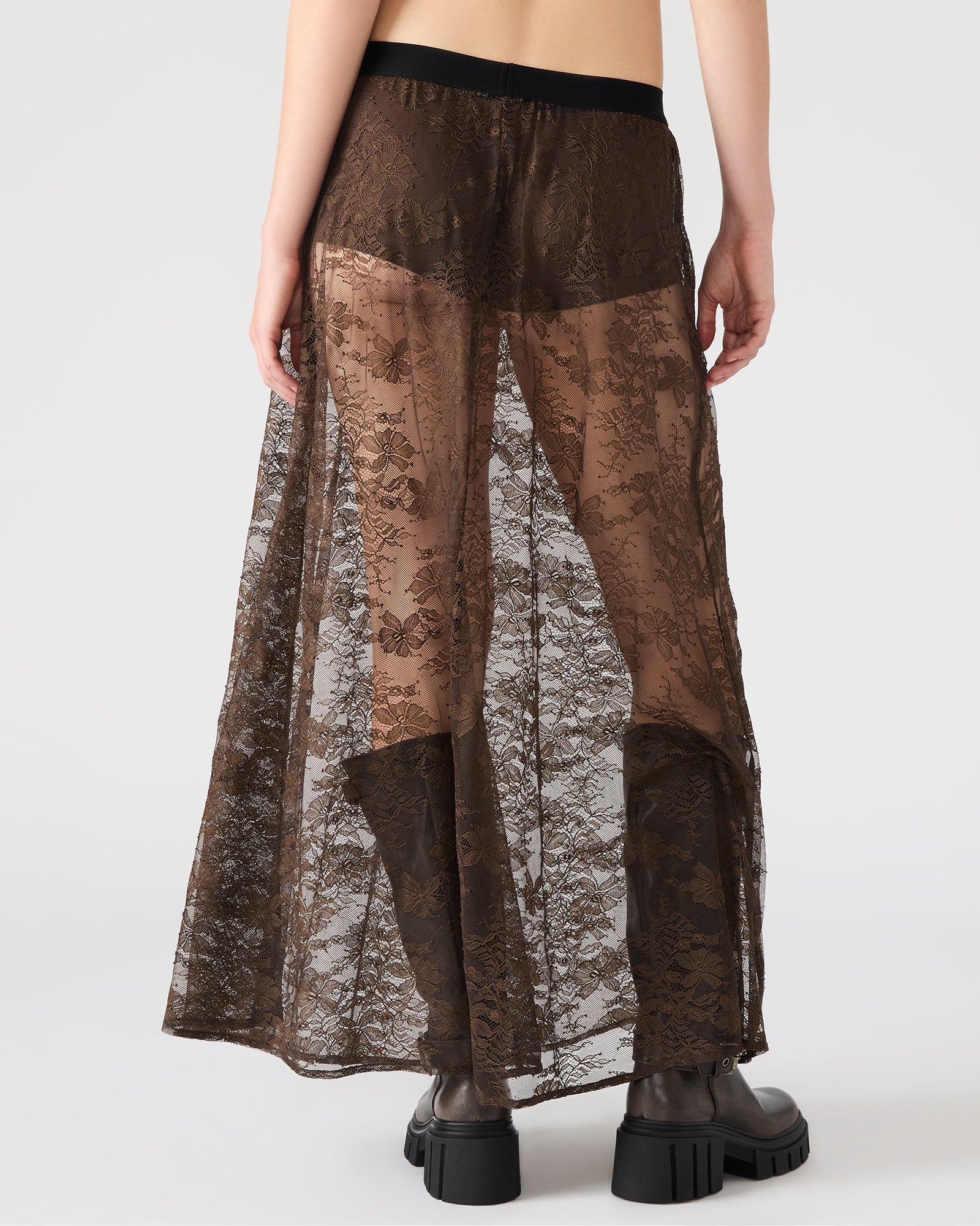 Front view of the dark espresso maxi lace skirt showcasing its intricate lace patterns.