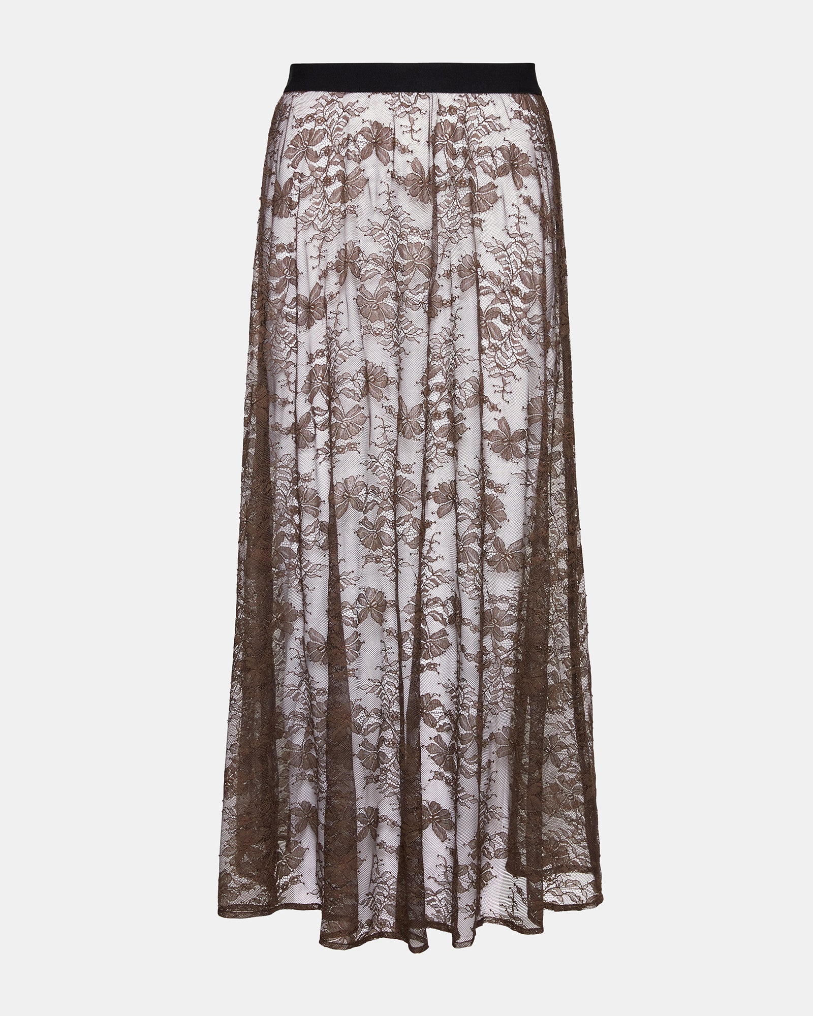 Side view of the sheer lace maxi skirt, highlighting its elegant flow and design.