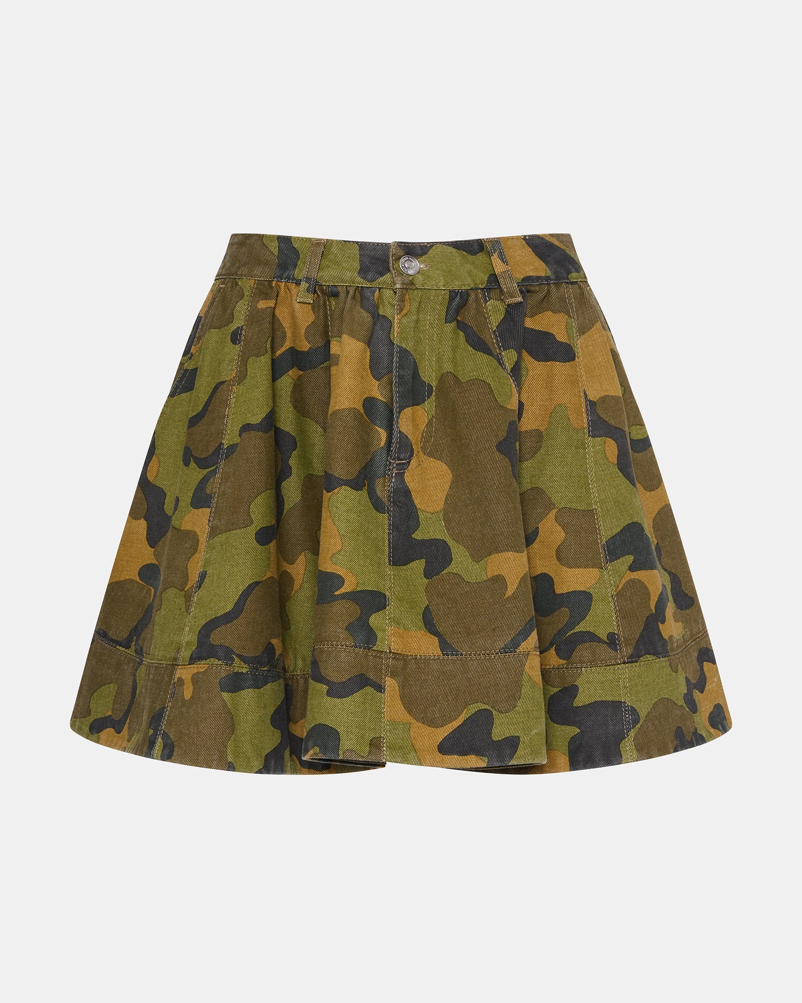 Front view of Sloan camouflage A-line denim skirt for a stylish look.