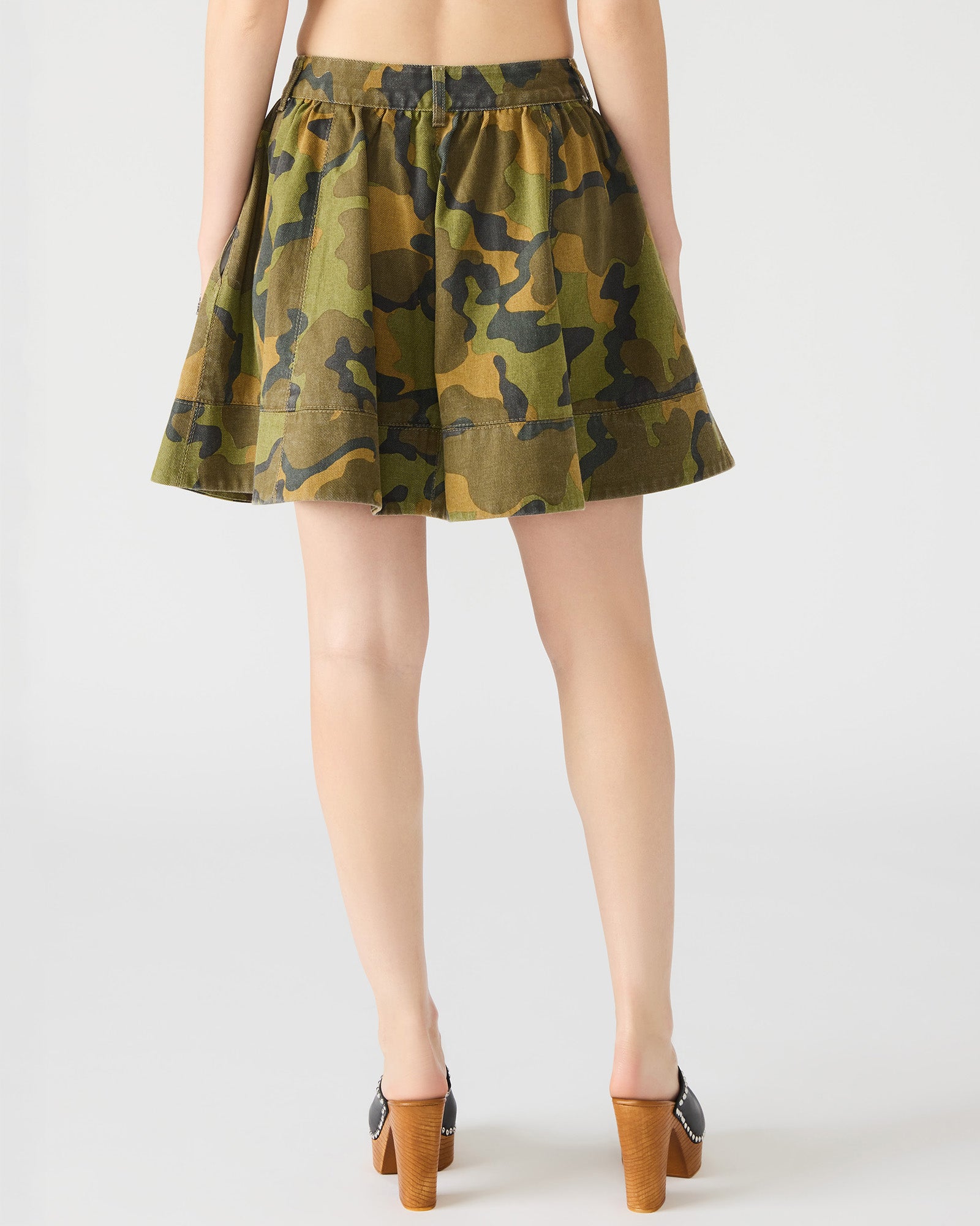 Front view of Sloan camouflage A-line denim skirt for a stylish look.