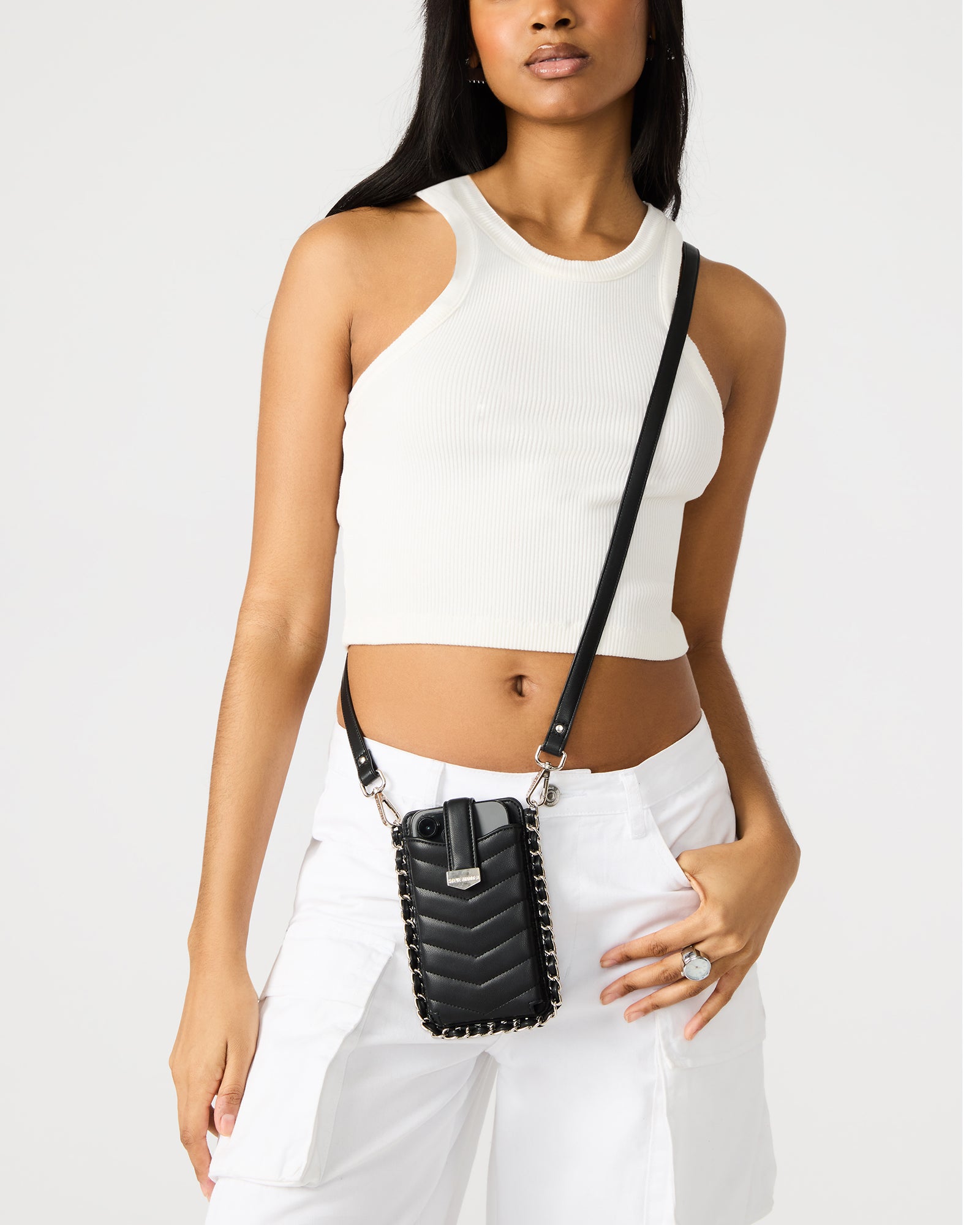 Side angle of the phone bag highlighting the chain detail and adjustable strap.