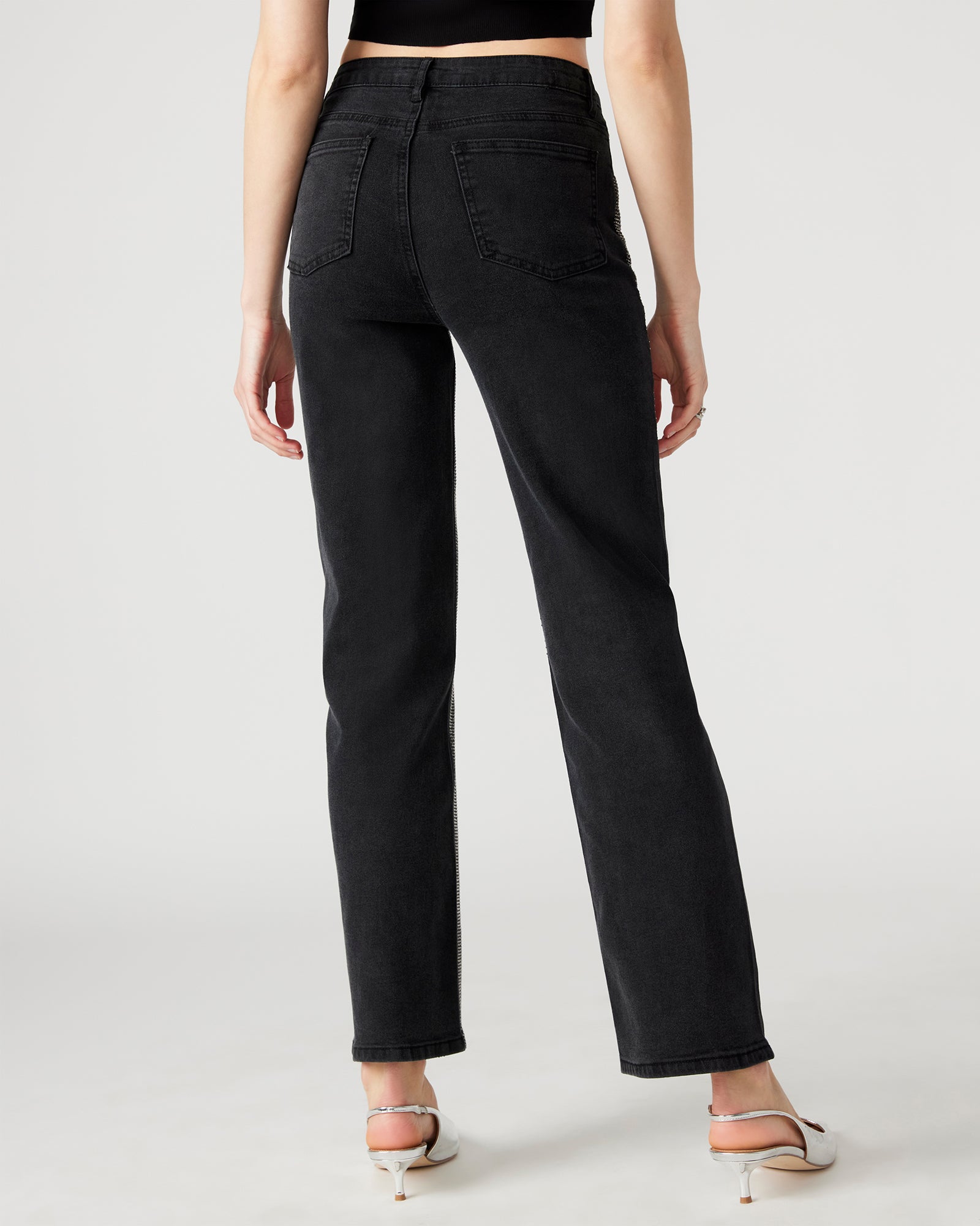 Front view of Jesse black rhinestone jeans with embellishments.