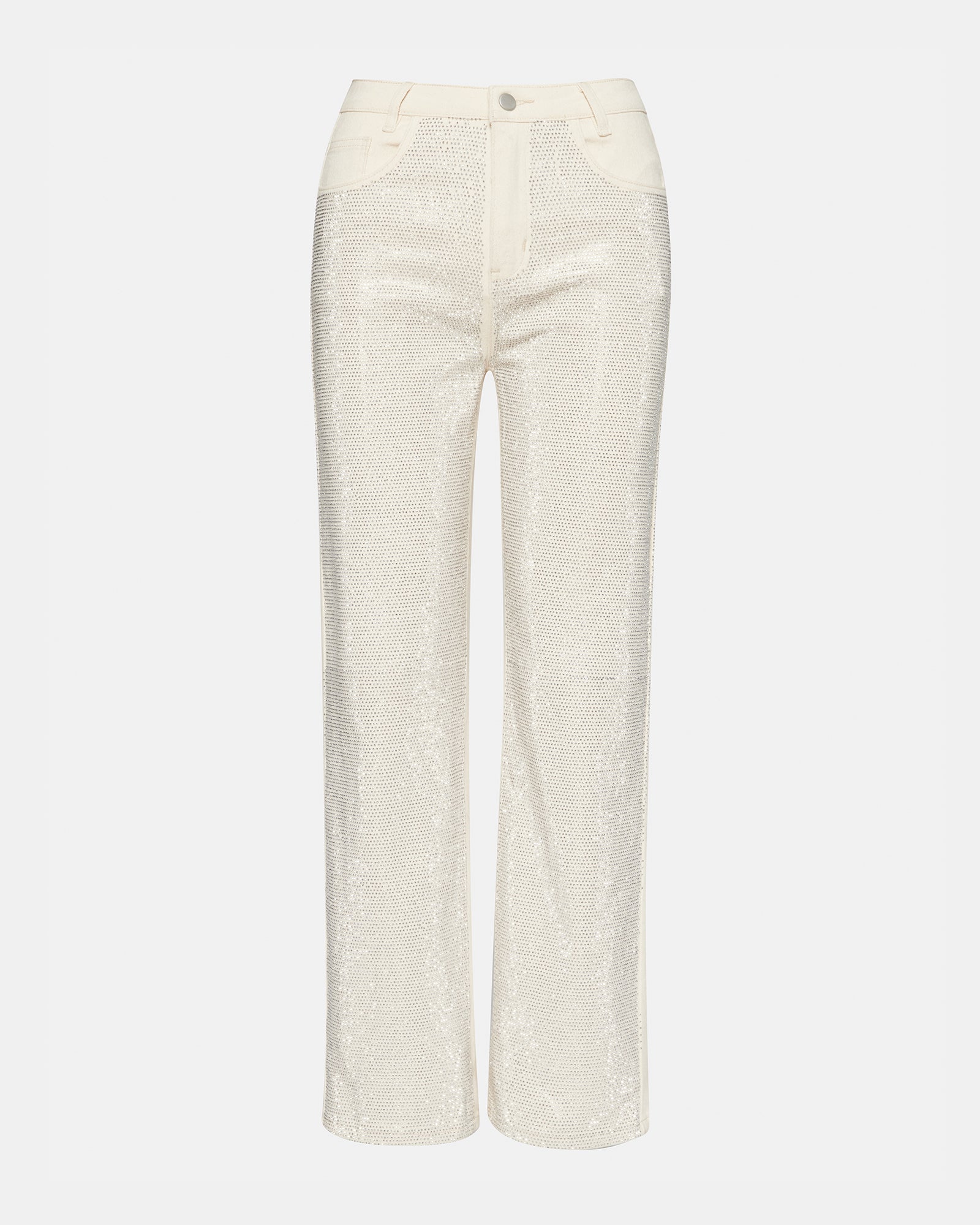 Detail shot of embellished jeans showcasing rhinestone accents.