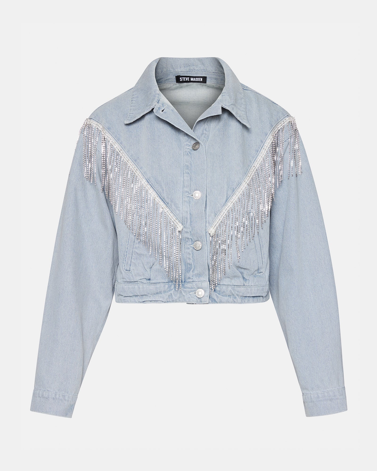 Close-up of rhinestone fringes on the cropped denim jacket, showcasing its unique design.