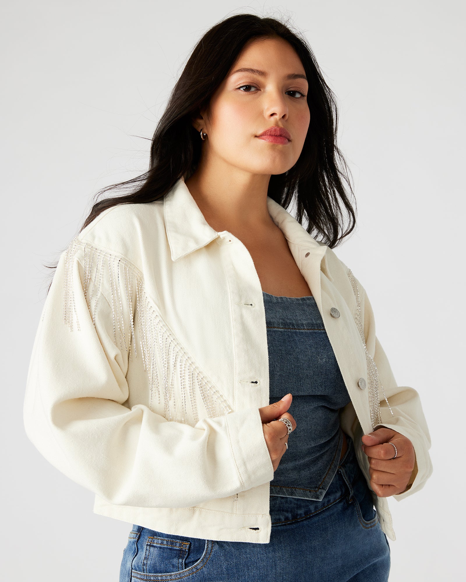 Model wearing Canyon denim jacket styled for a casual outing