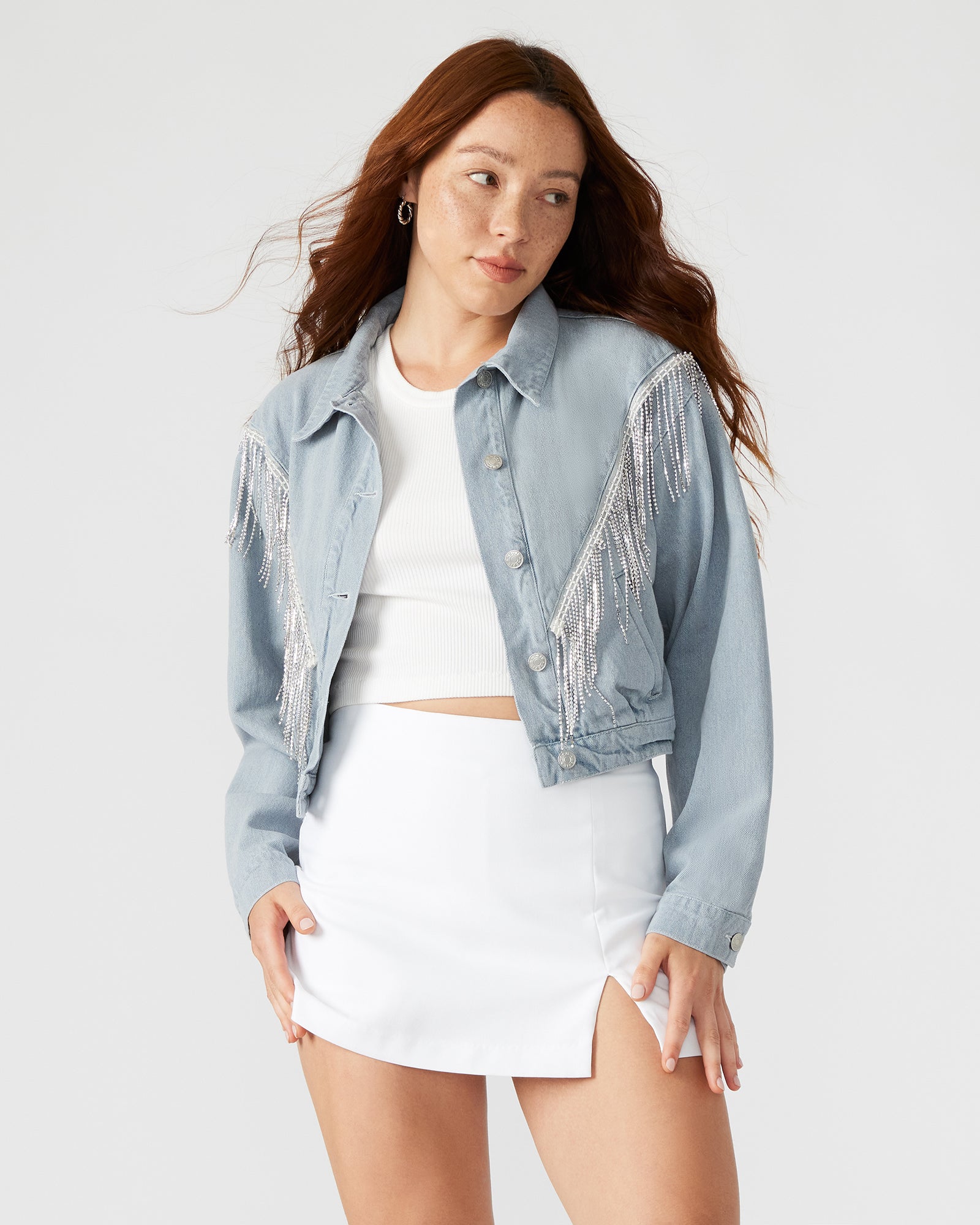 Front view of Canyon Glam rhinestone denim jacket styled with a casual outfit.