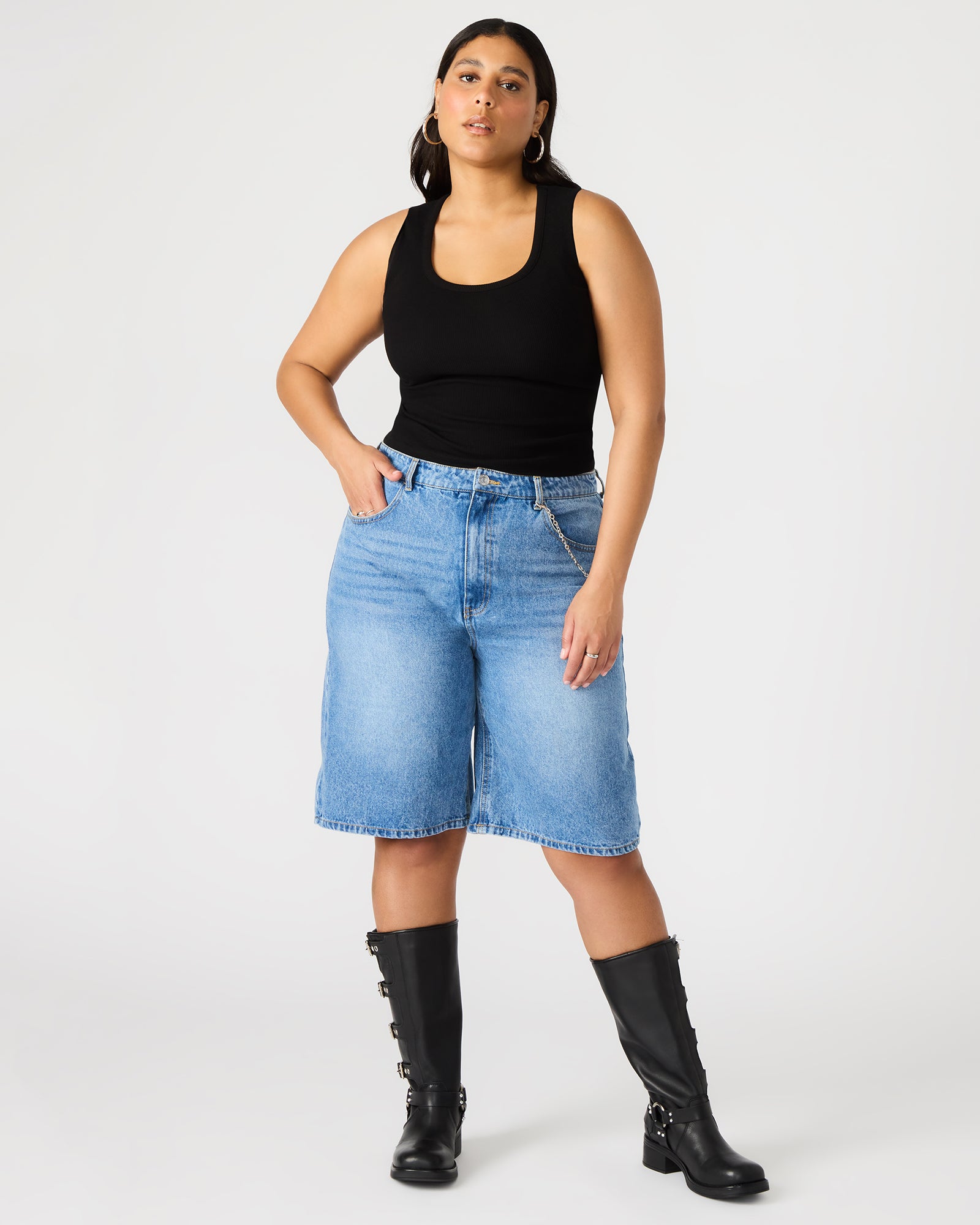 Close-up of the zipper and button closure on women’s denim shorts