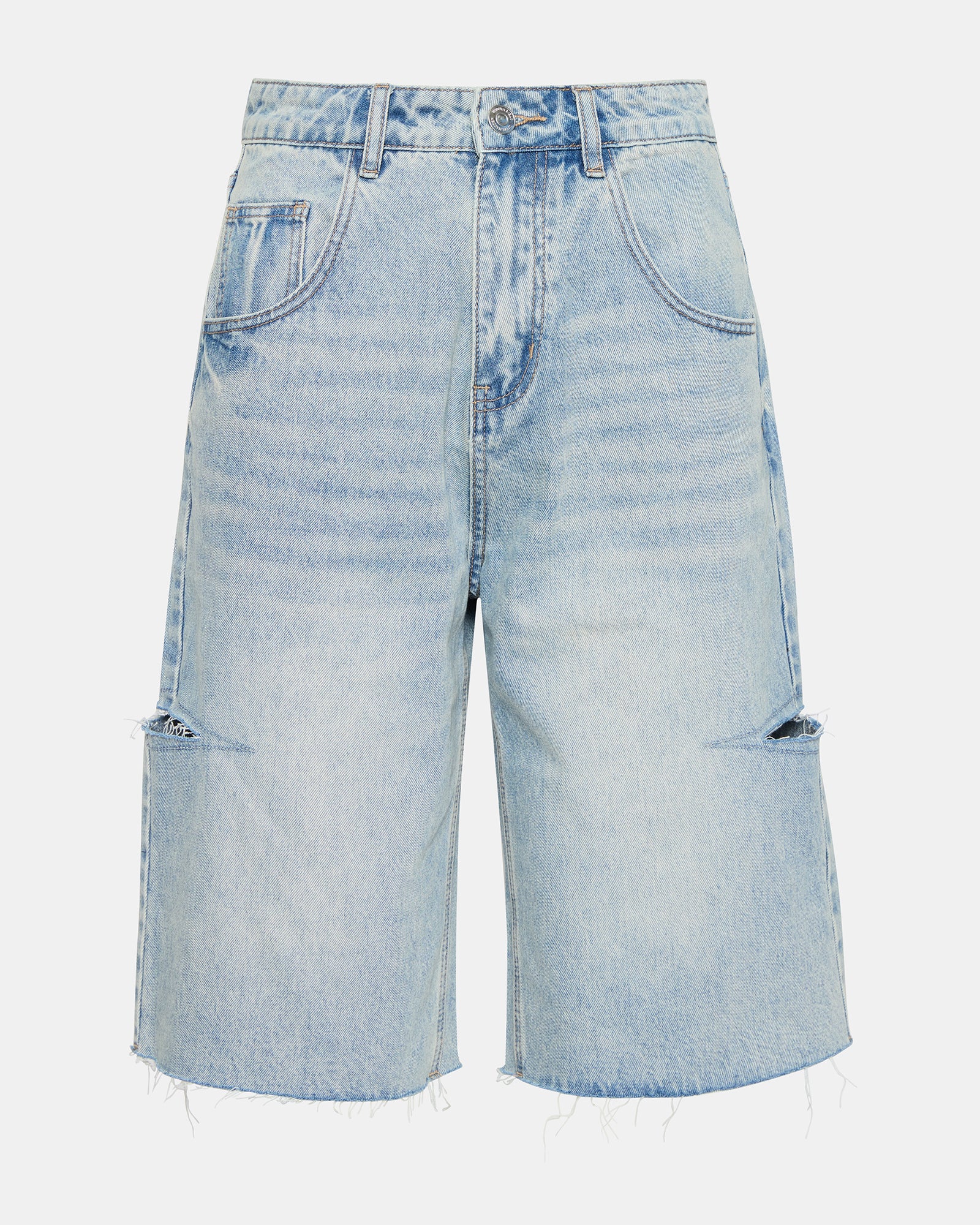 Close-up of LANGE barrel denim shorts highlighting functional pockets.