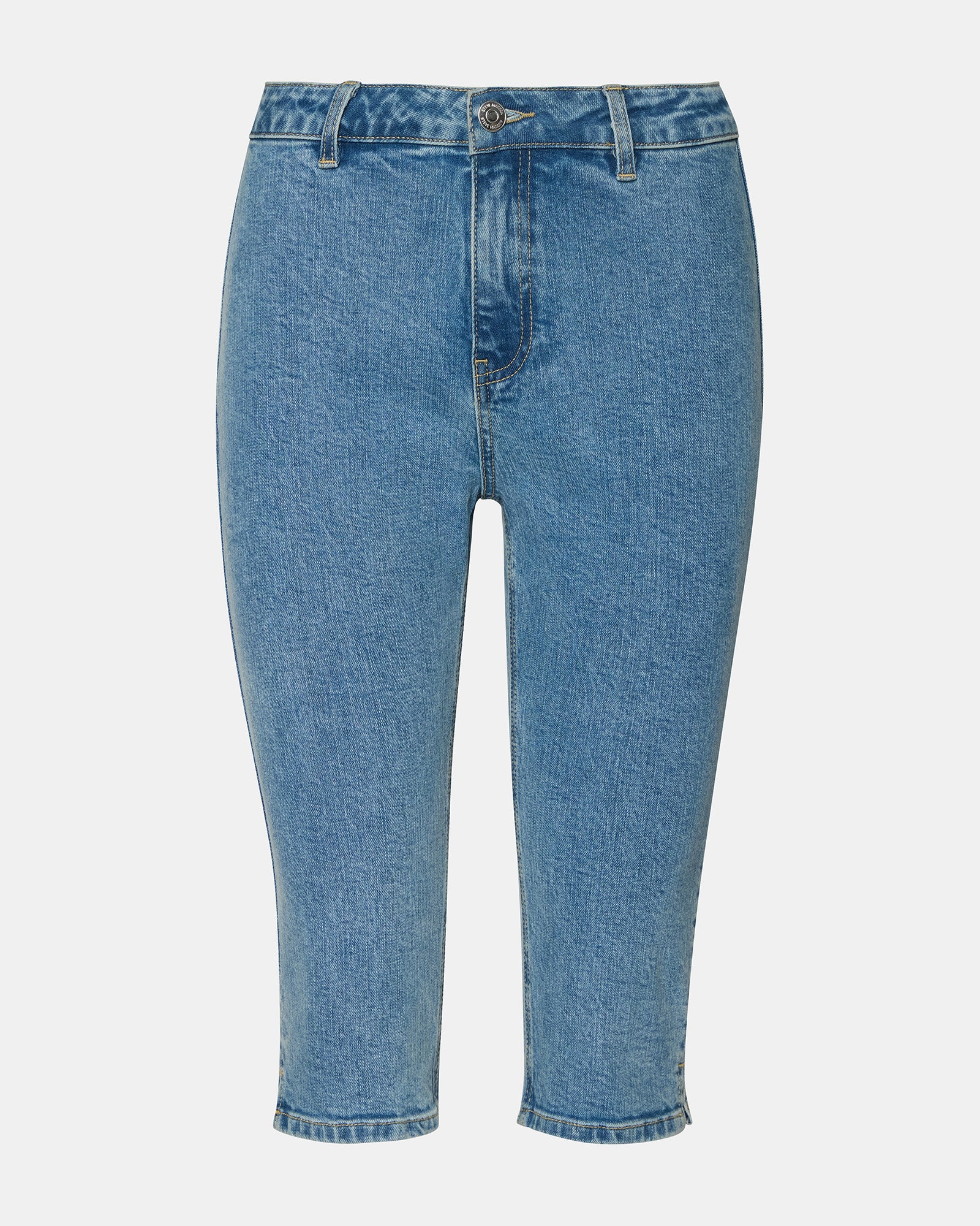 Close-up of the zipper and button closure on Rina Denim Capri Pants.