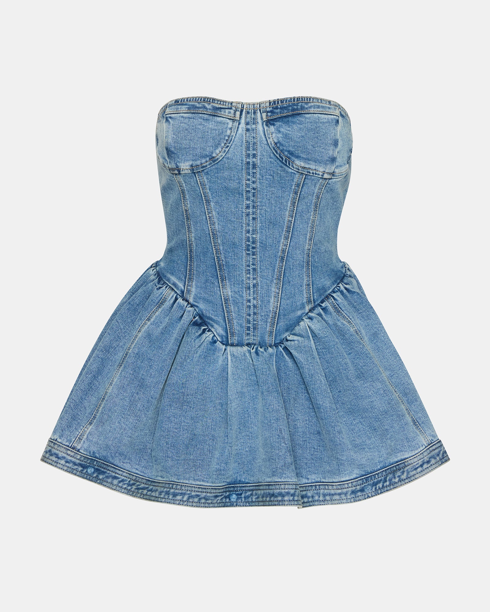 Model showcasing the flattering peplum bottom of the denim crop top.
