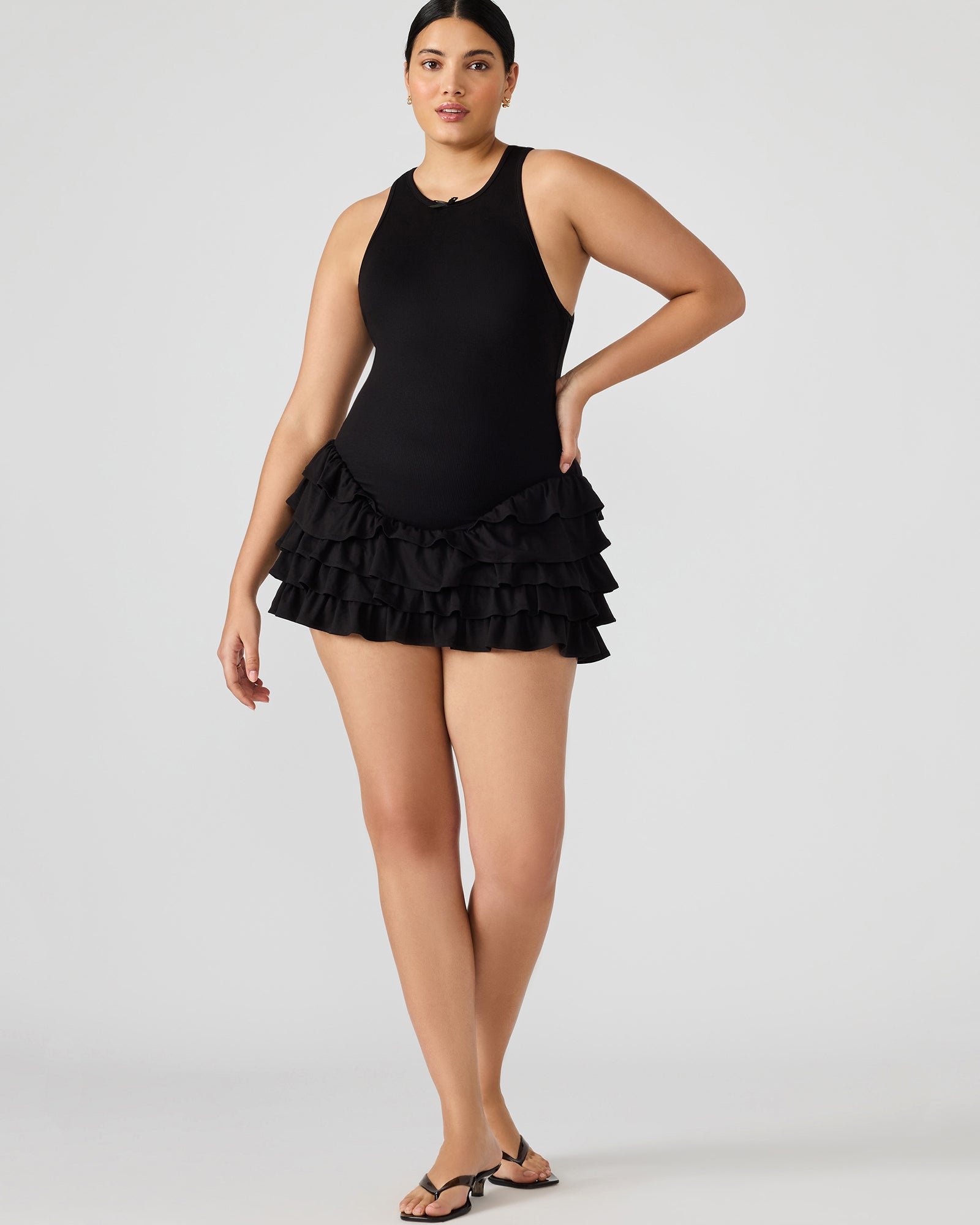 Close-up of ruffled dress fabric and neckline detail for weekend wear