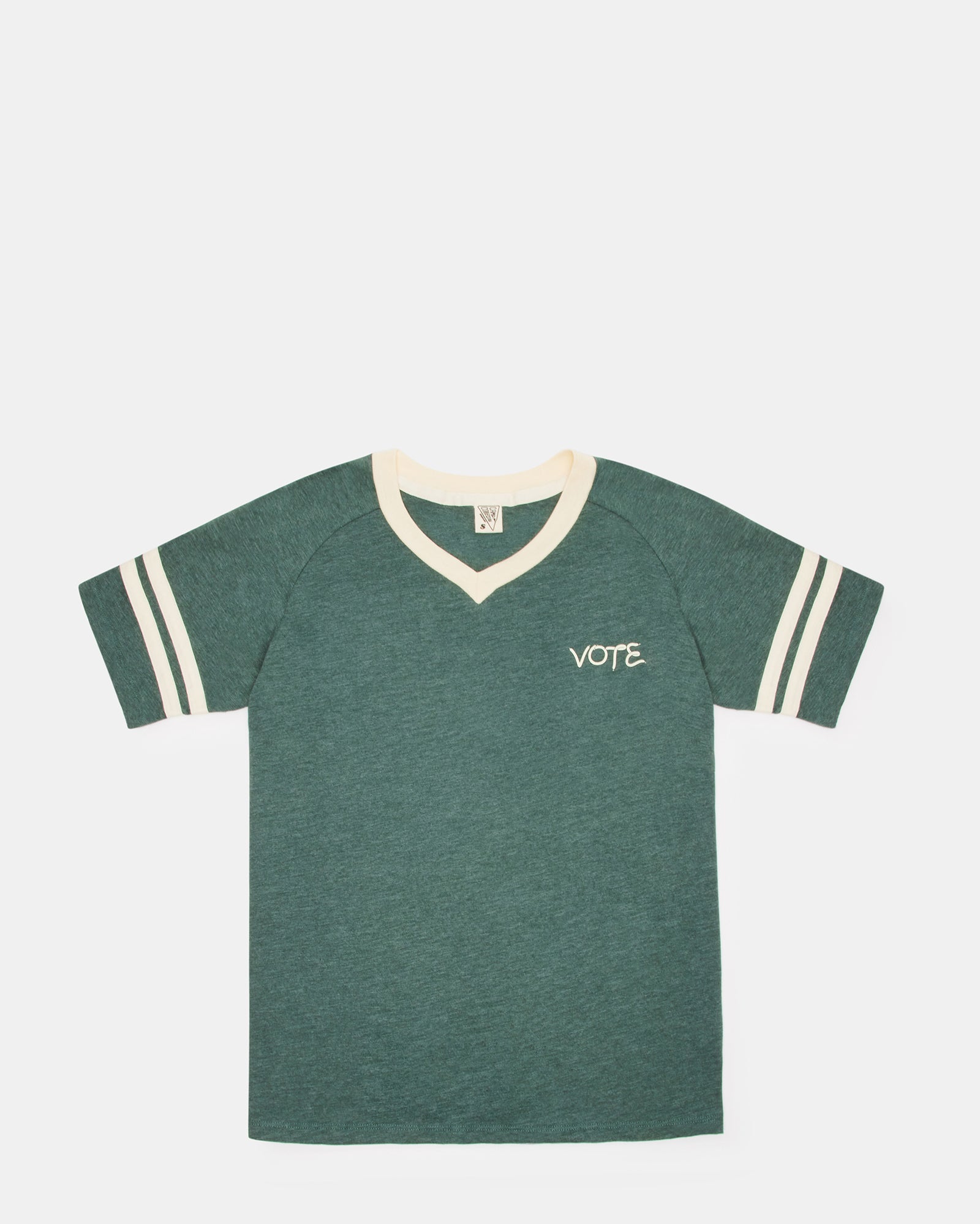 Side view of the Democracy manifest shirt, displaying its comfortable fit and contrast details.