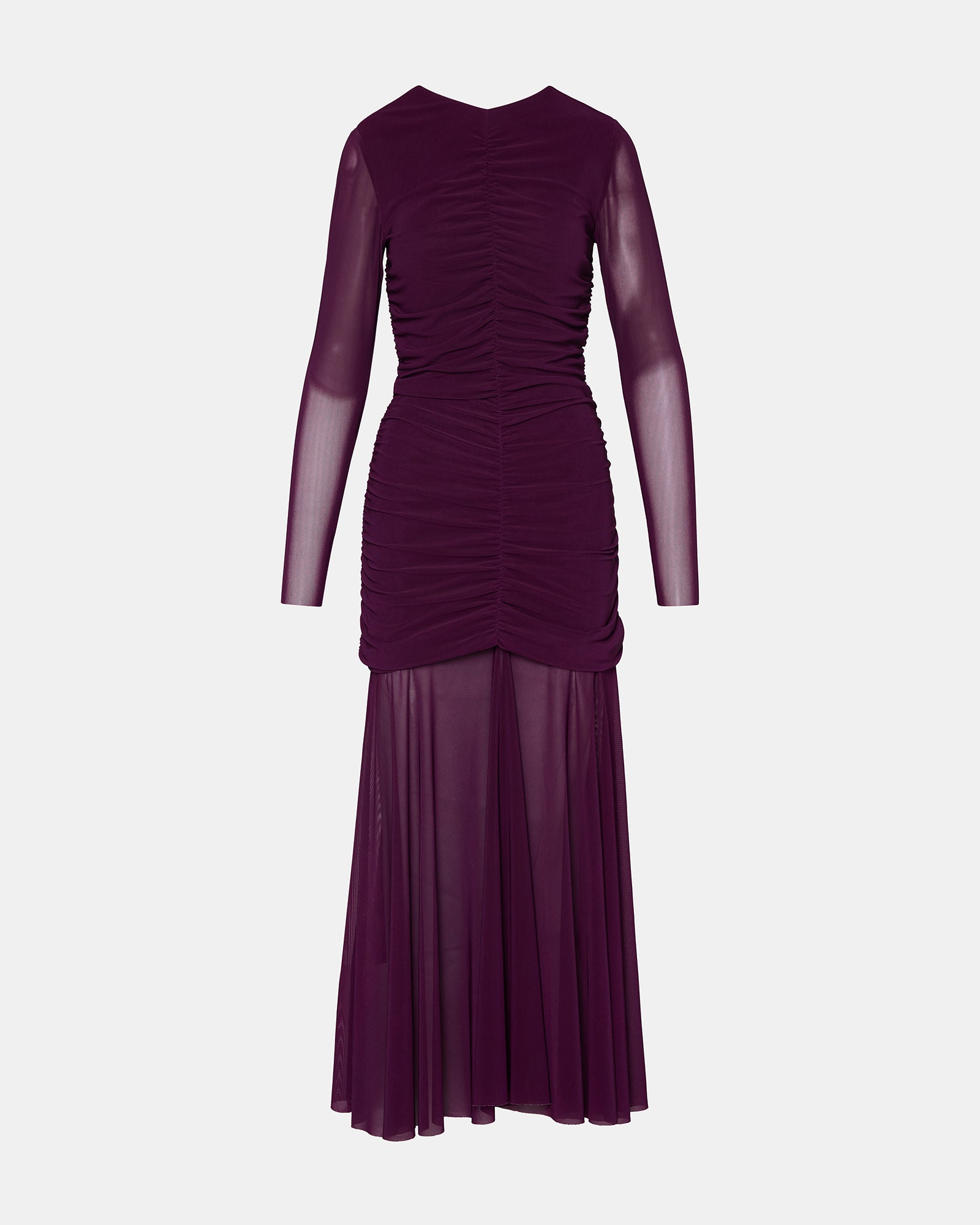 Close-up of the mesh fabric on the white long sleeve dress, emphasizing its texture.