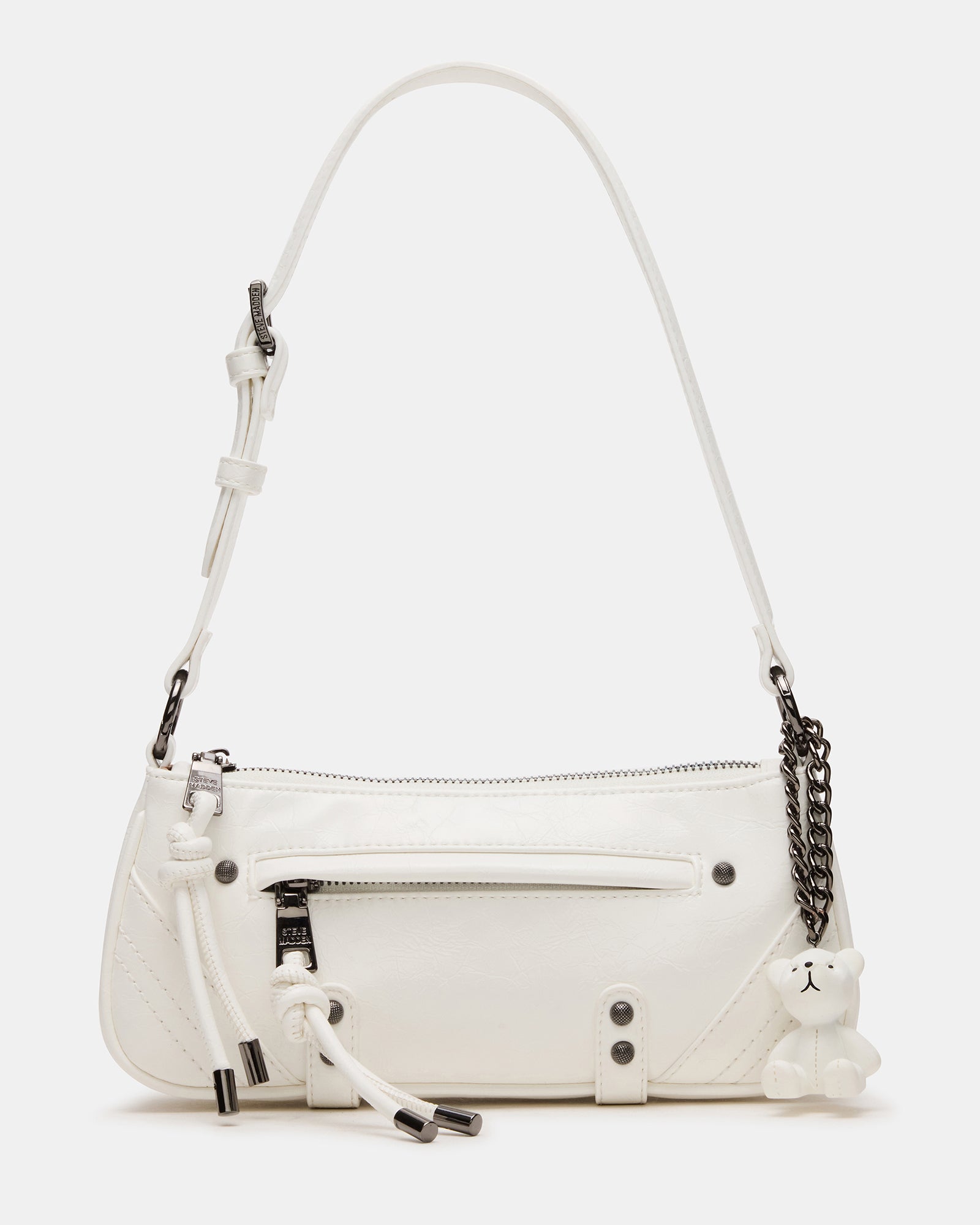 Front view of the Becka White crossbody bag with teddy bear charm