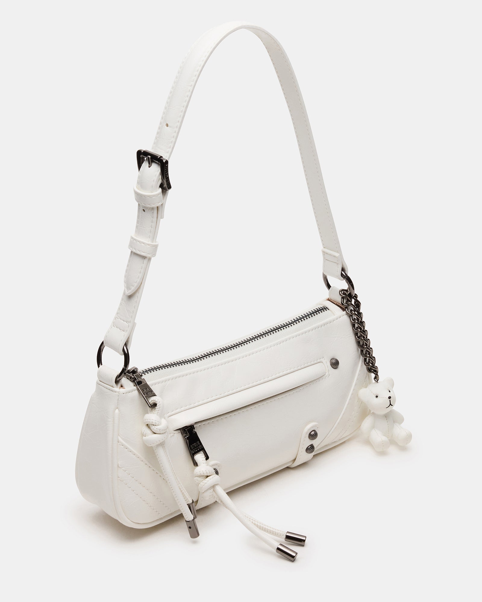 Close-up of the adjustable shoulder strap and zipper closure