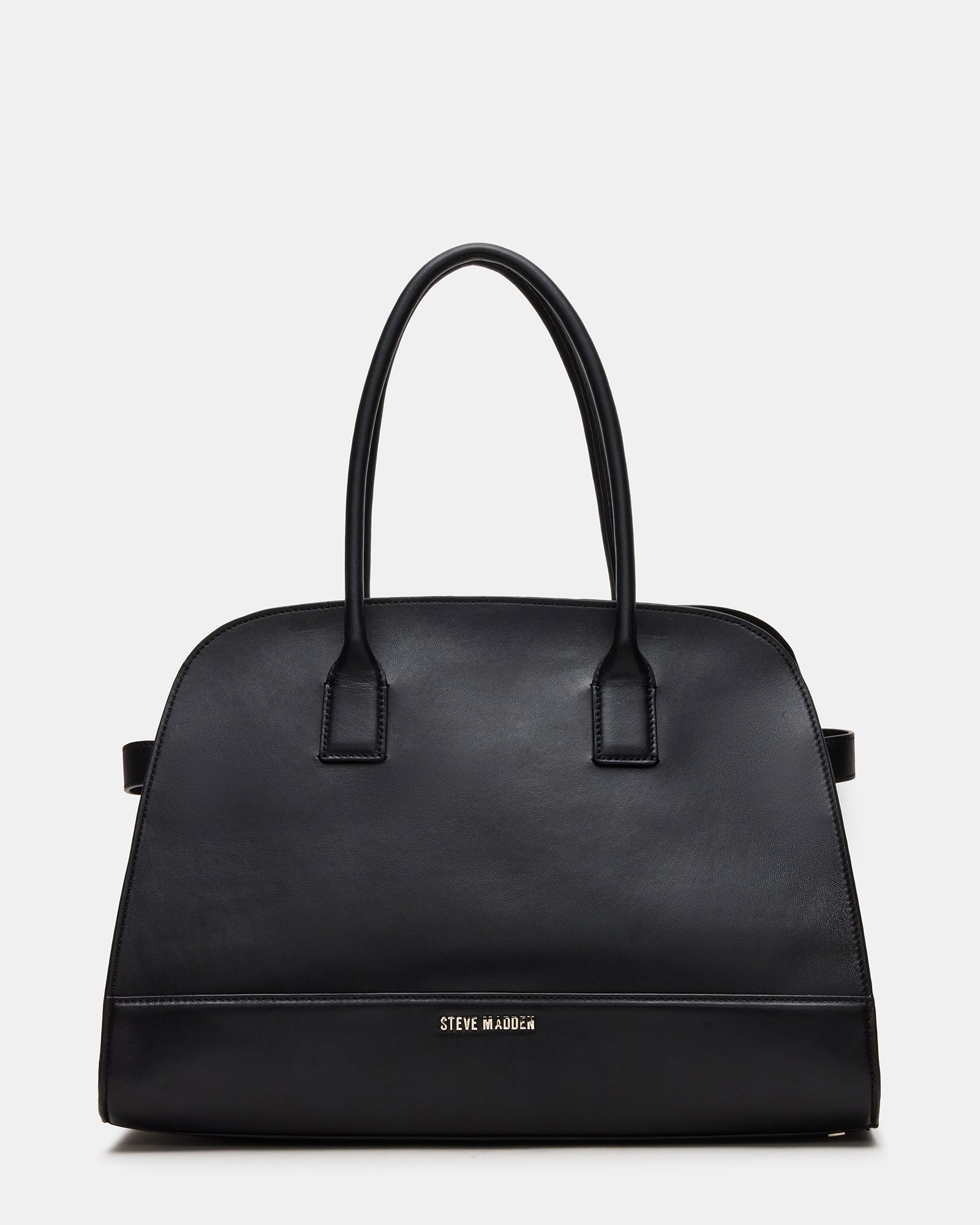 Heidee Black Leather Tote Bag showcasing buckle detail and shoulder strap.