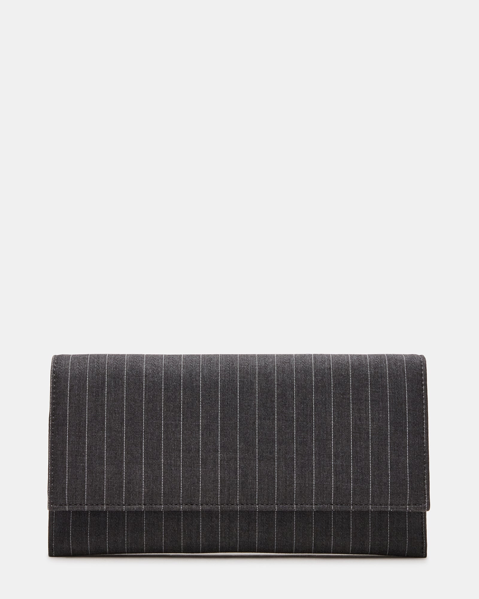 Front view of the clutch handbag with chain strap over shoulder