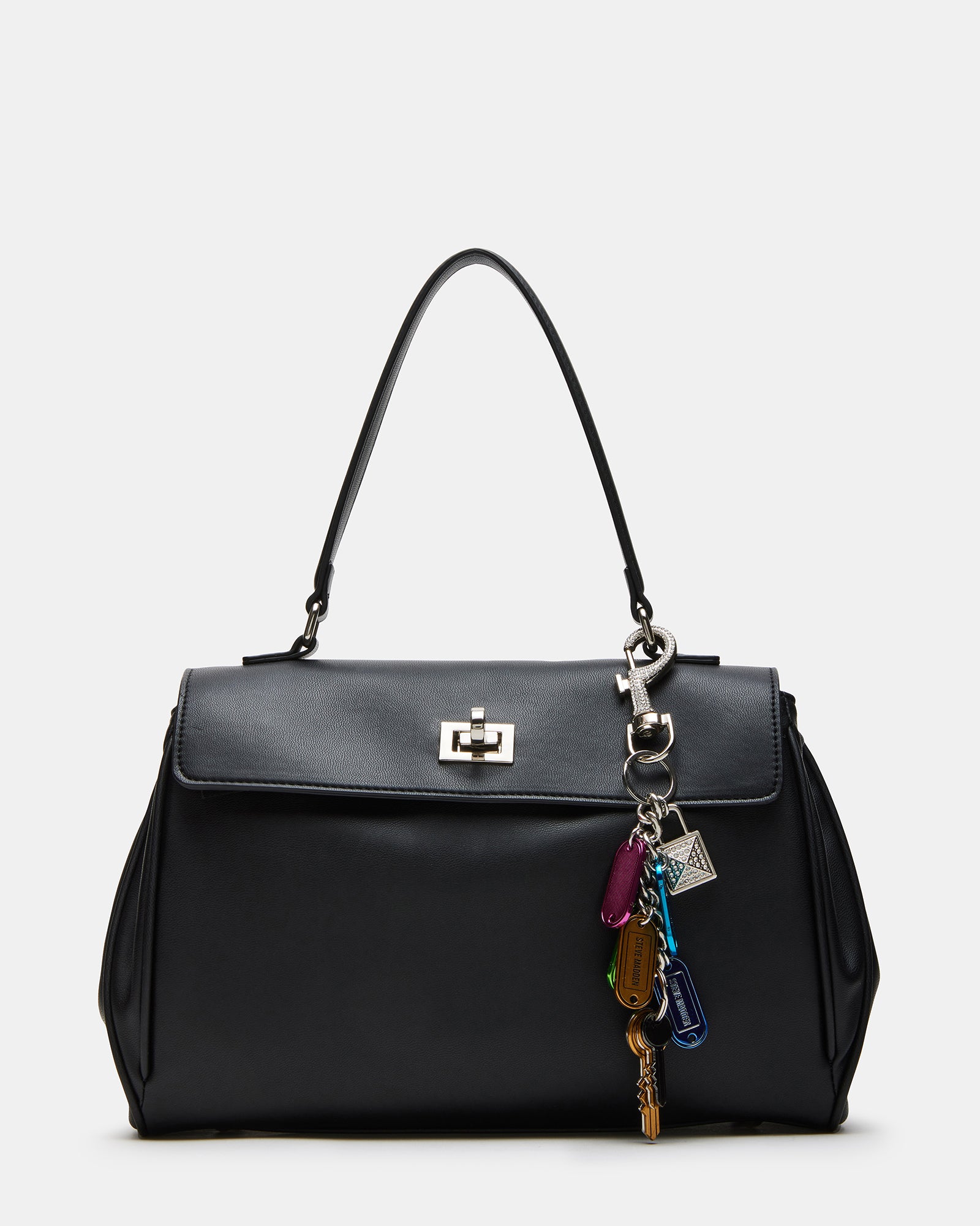 Front view of black shoulder bag showing turn lock and removable strap