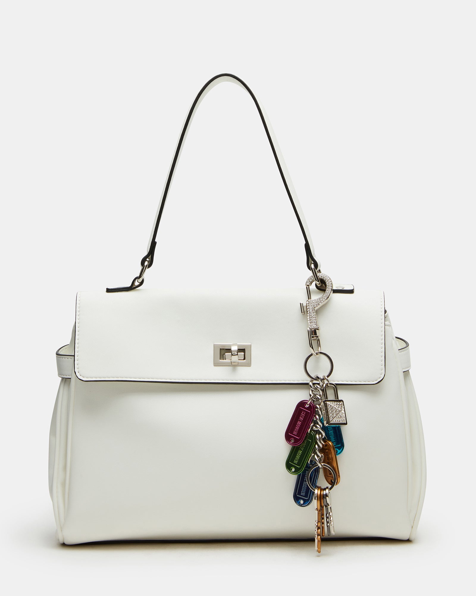 Chic white satchel tote with multi-colored charm, perfect for casual outings.