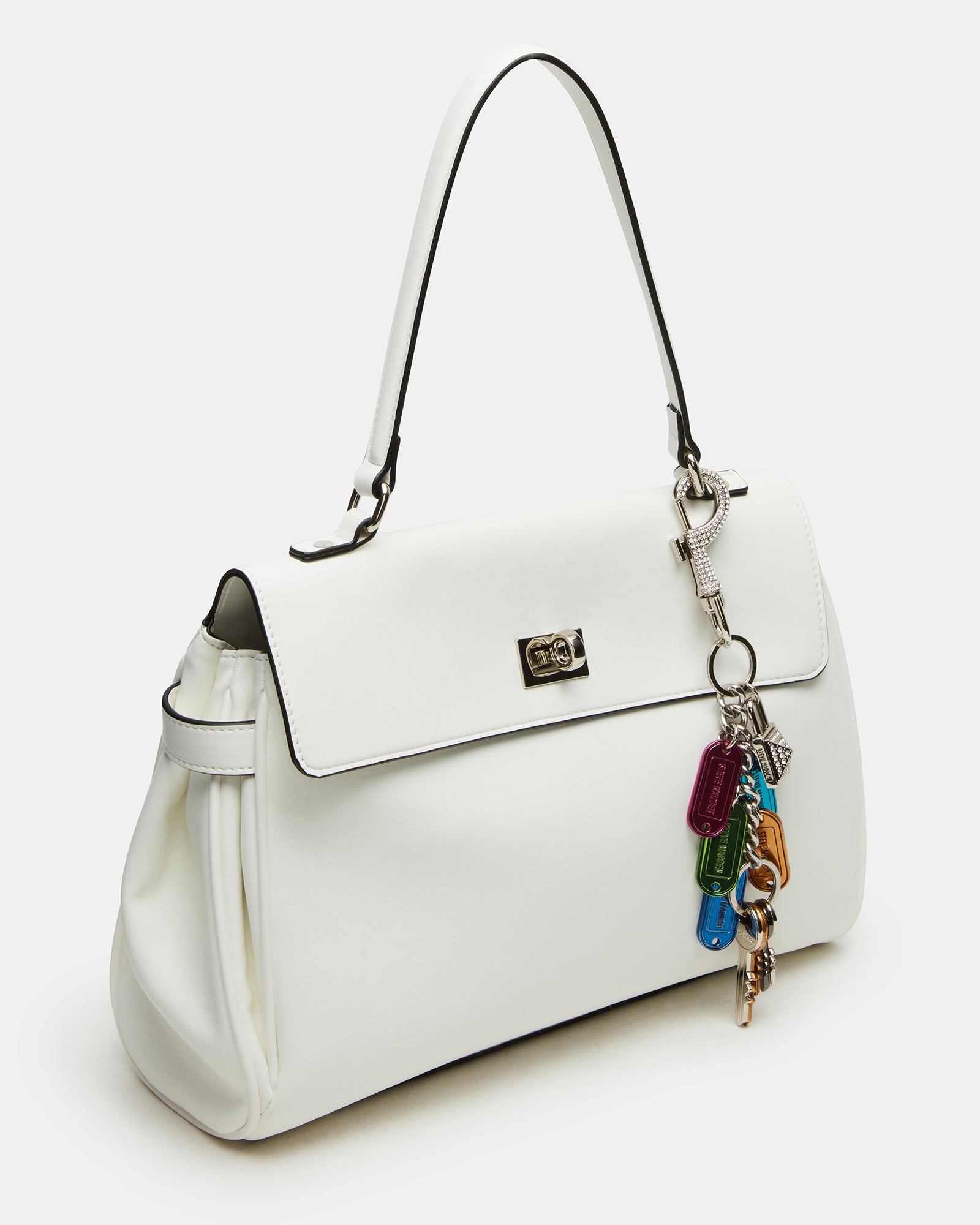 Chic white satchel tote with multi-colored charm, perfect for casual outings.