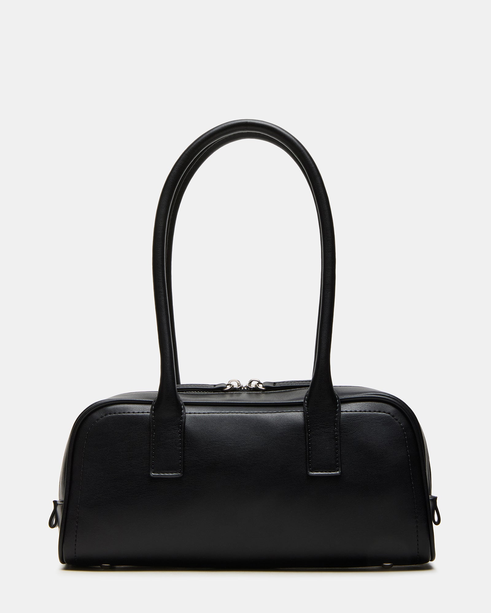 Front view of the sleek black Coach Teri shoulder bag with tubular straps.