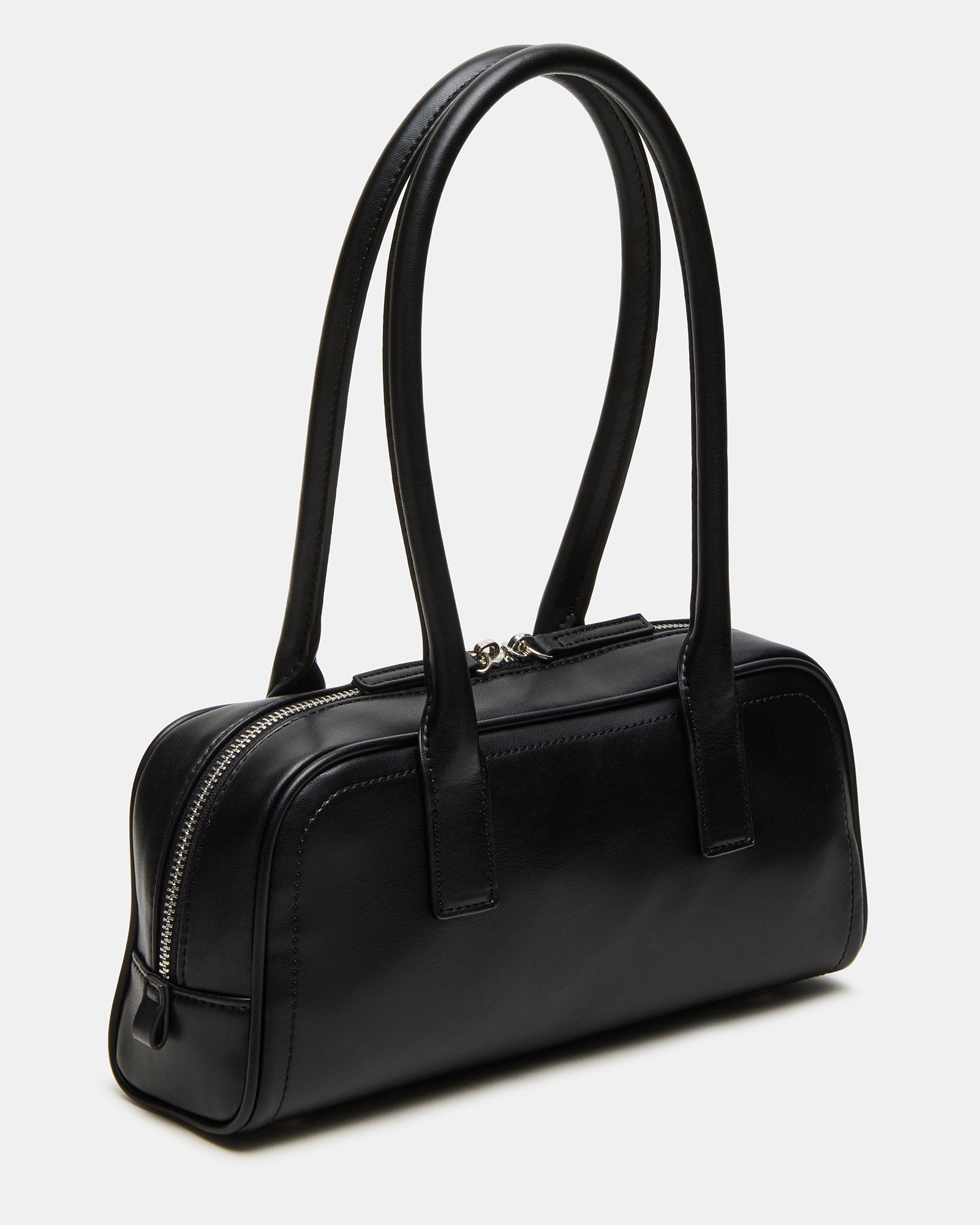 Front view of the sleek black Coach Teri shoulder bag with tubular straps.