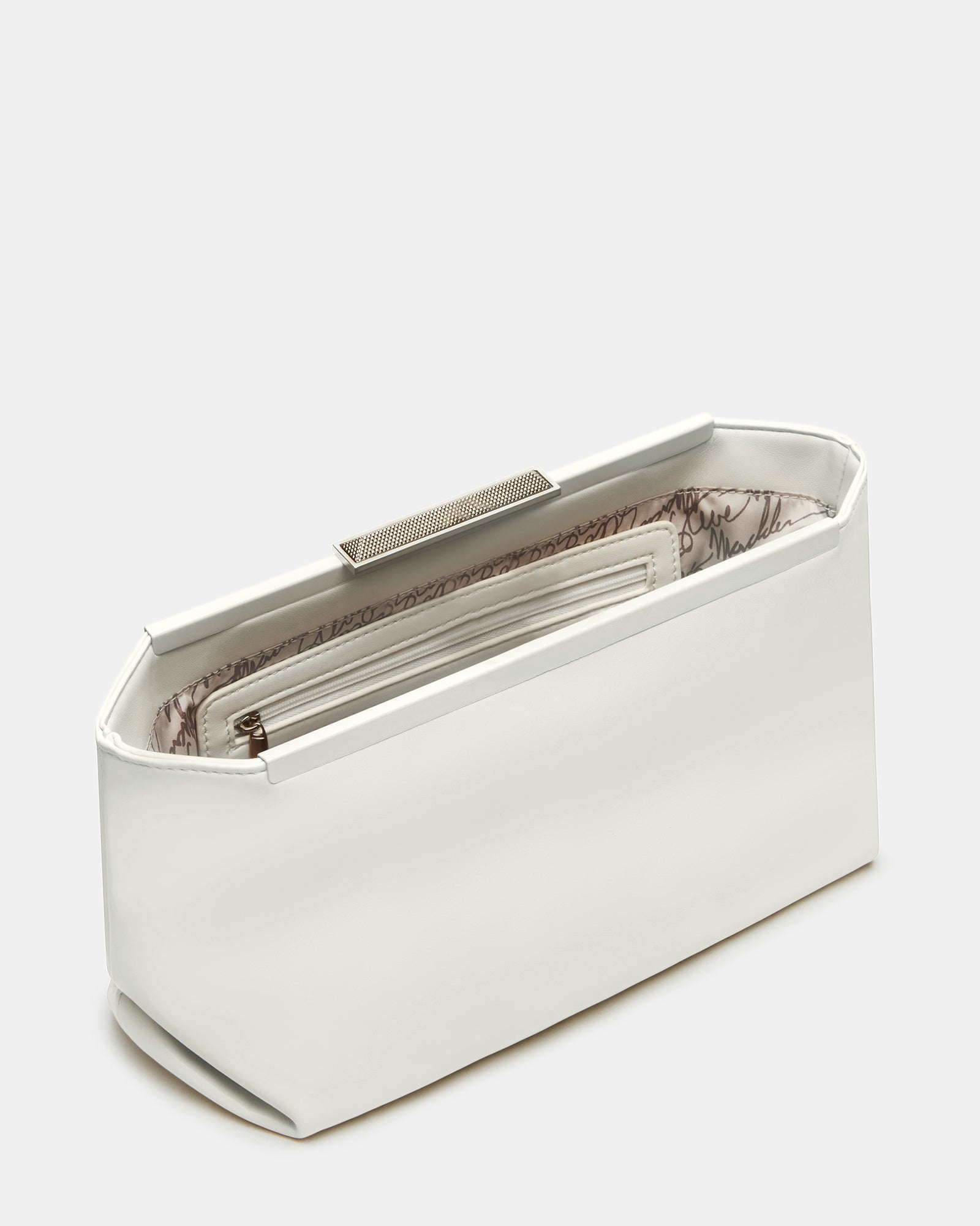 Side angle of the Antoni clutch bag showing pyramid frame and smooth off-white finish