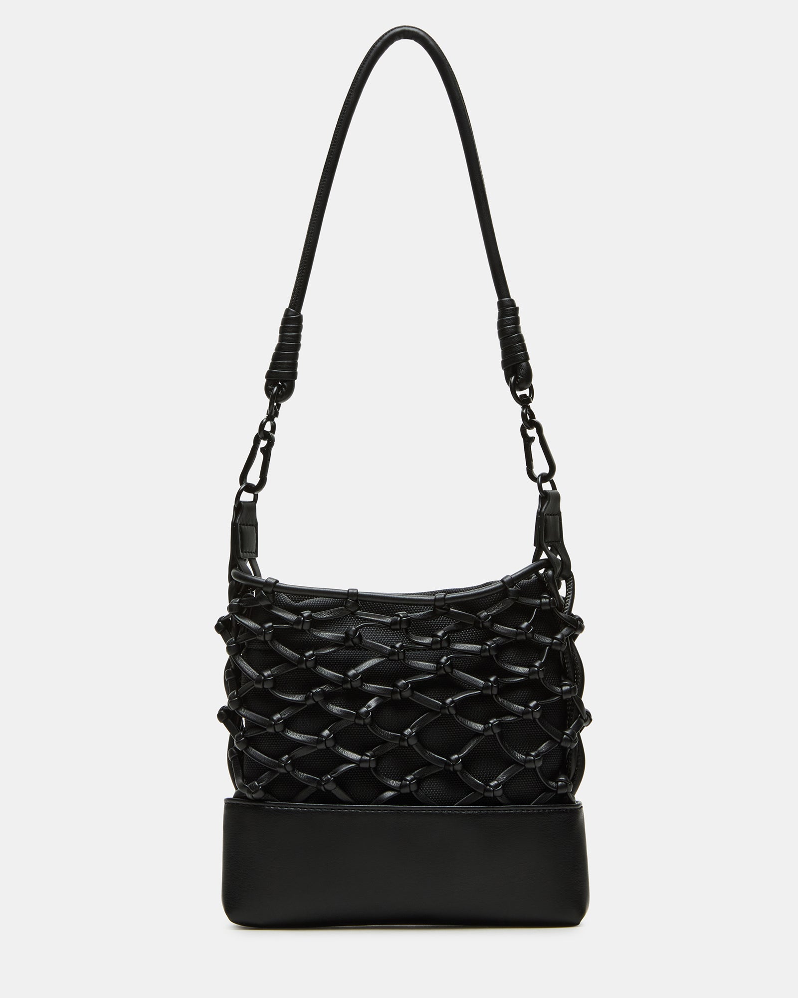 Front view of crossbody bag showing net-caged design and pouch compartment