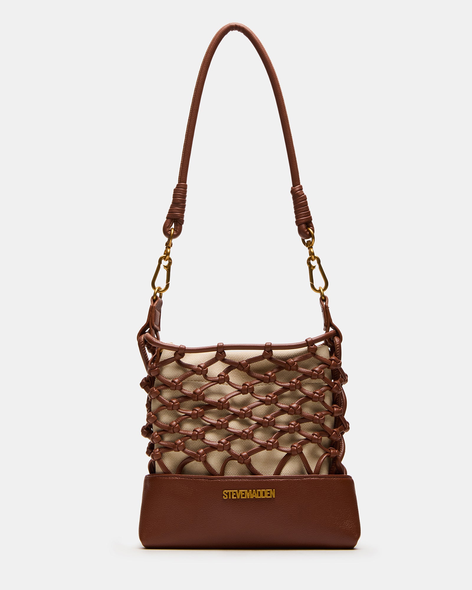 Front view of the Arda black crossbody bag showcasing its net-caged design.