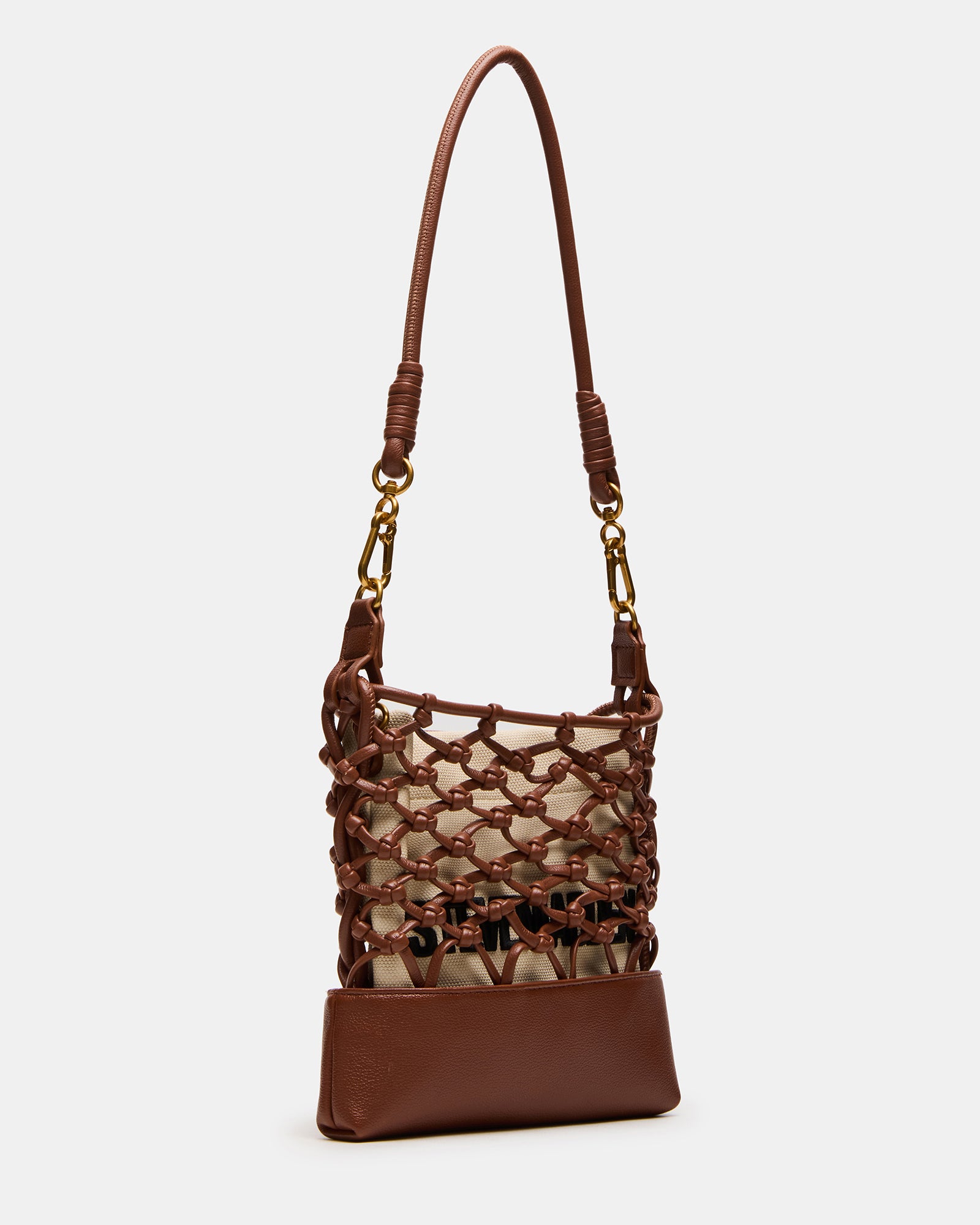 Front view of the Arda black crossbody bag showcasing its net-caged design.