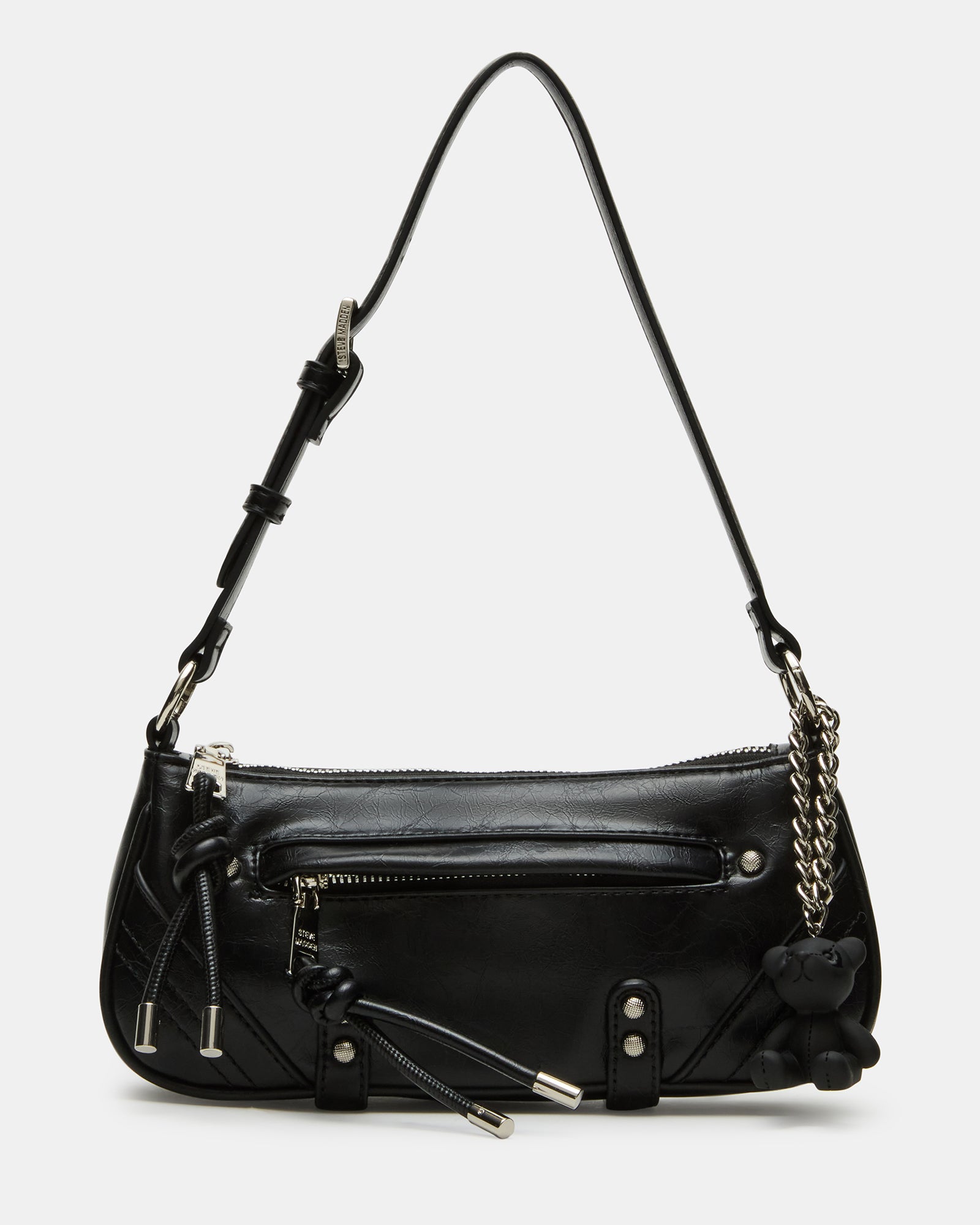 Front view of the black shoulder bag with detachable teddy charm shown on white background