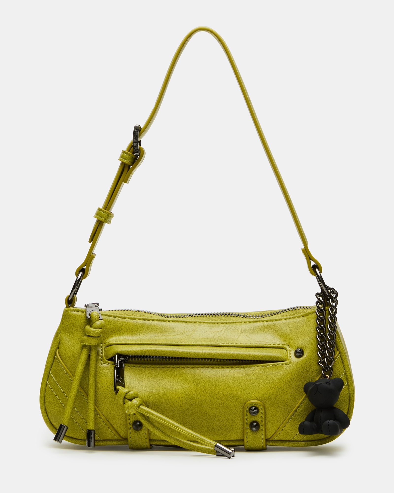 Close-up of Becka Lime crossbody bag with teddy bear charm and top zipper closure
