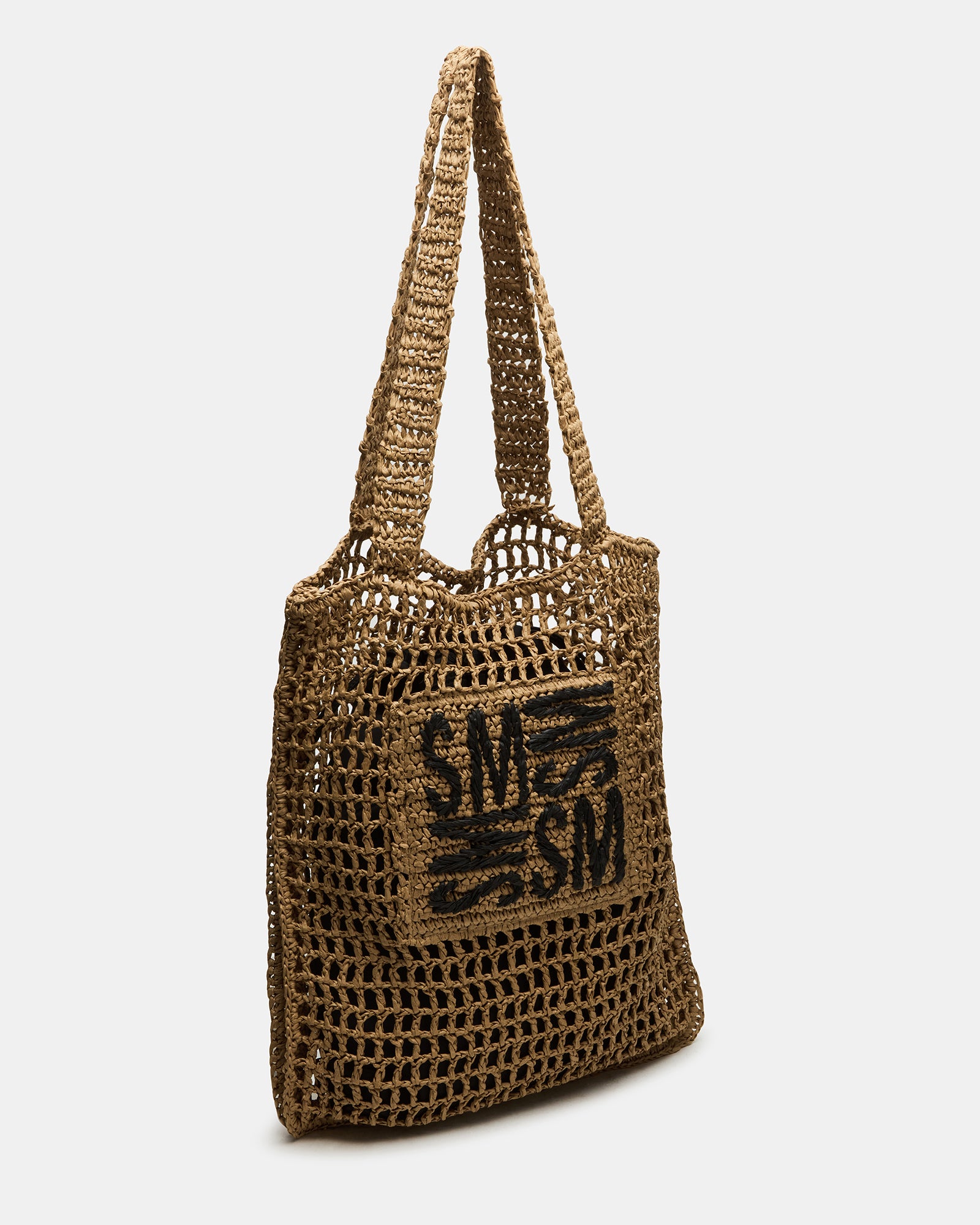 Front view of the natural woven leather tote handbag showcasing crochet details.