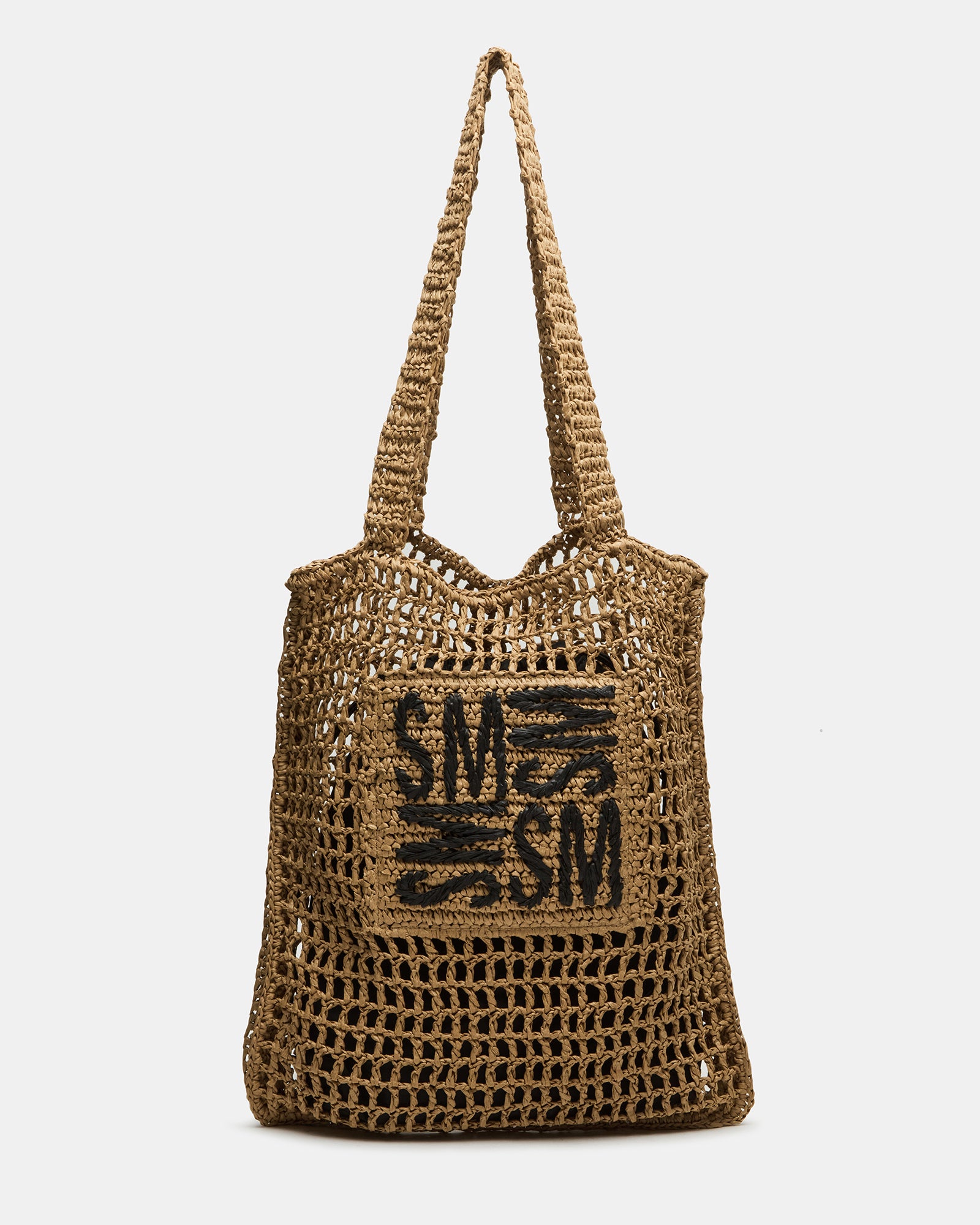 Front view of the natural woven leather tote handbag showcasing crochet details.