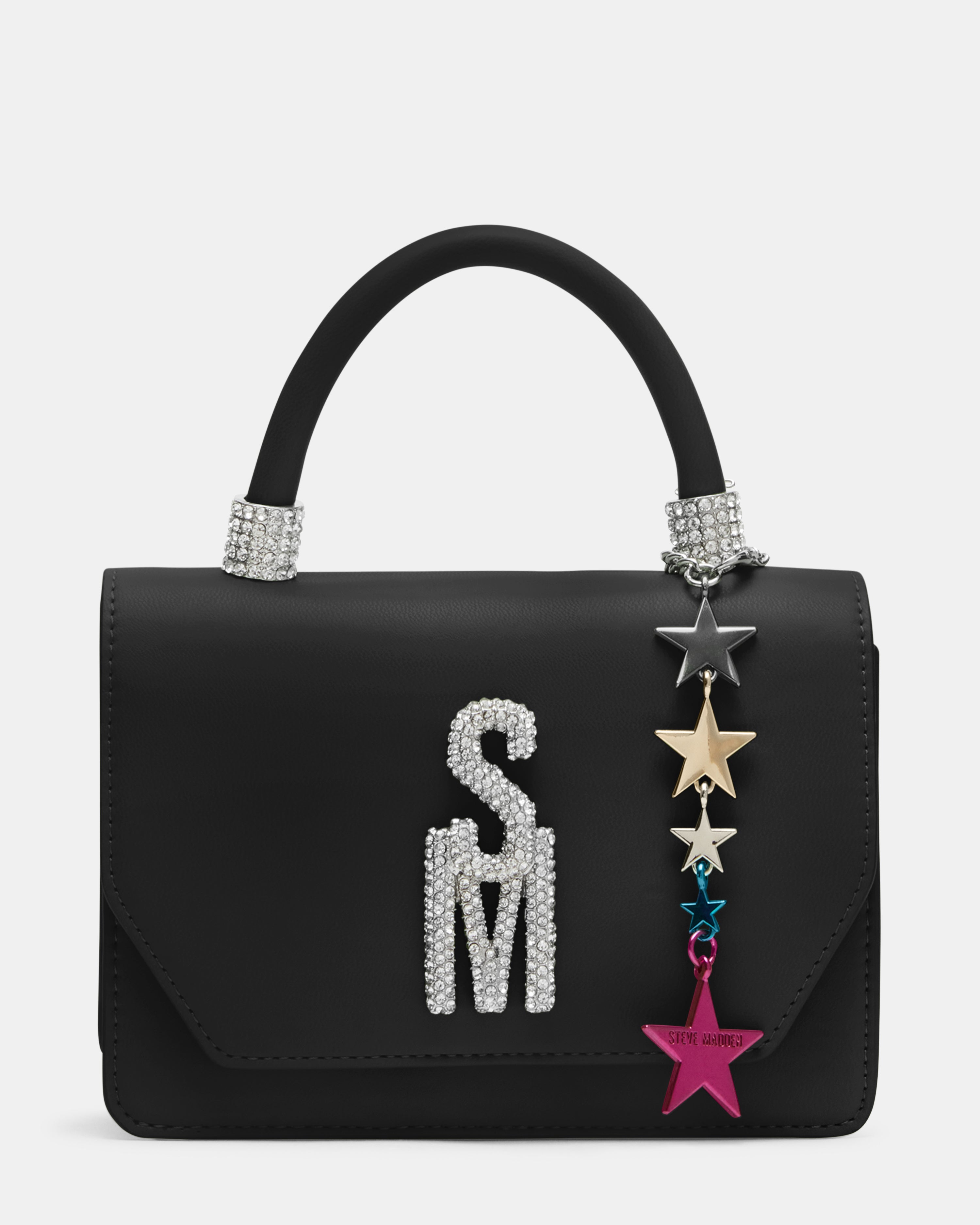 Chic black crossbody mini designer bag with colorful charm.