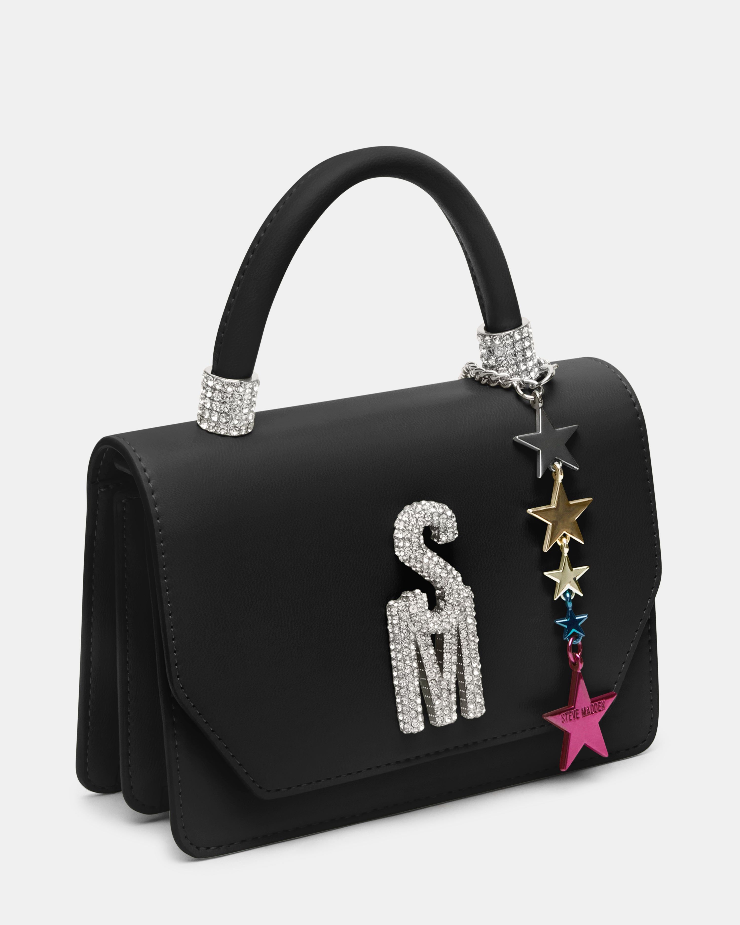 Chic black crossbody mini designer bag with colorful charm.