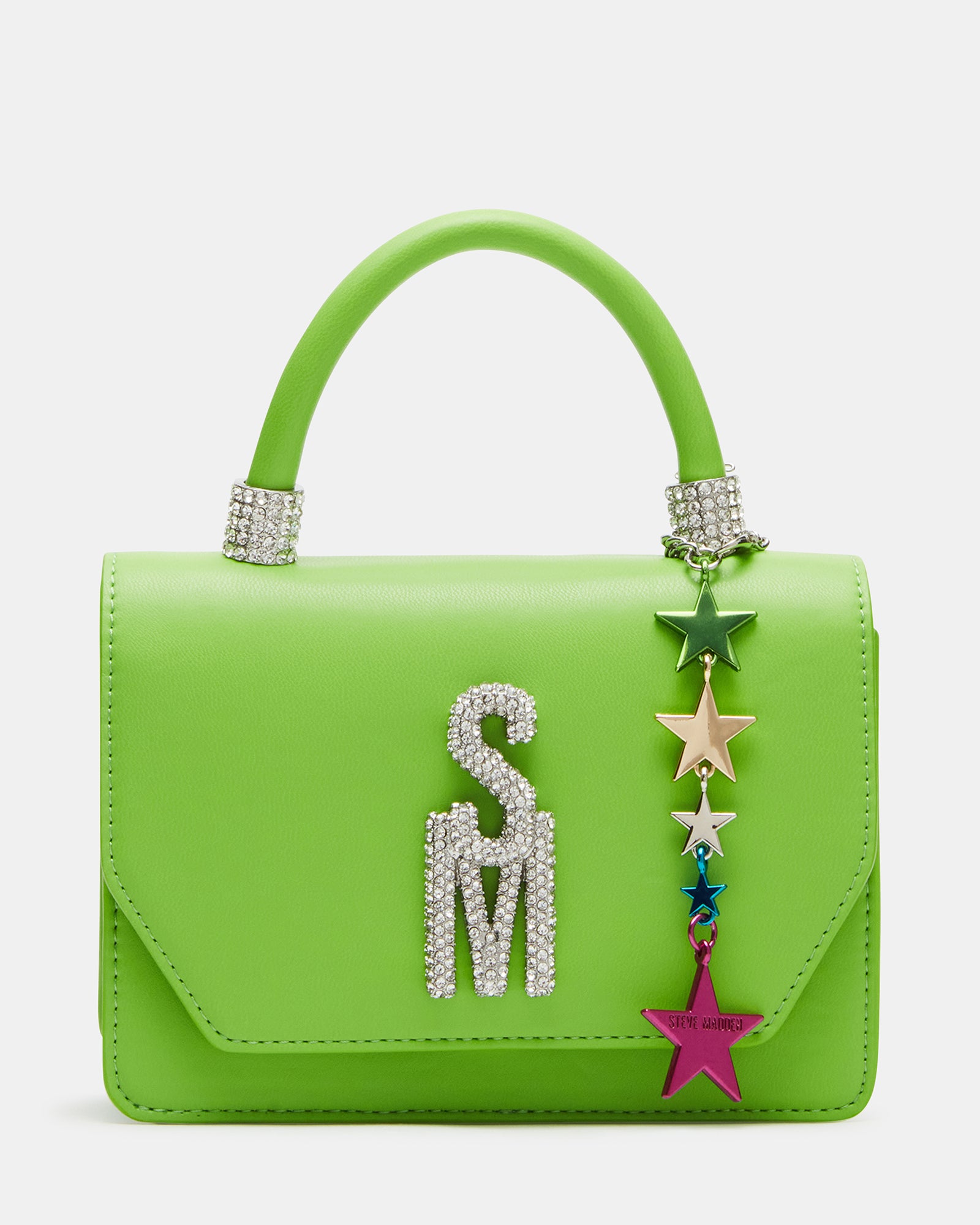 Front-facing black crossbody bag with lime green accents and star charm.
