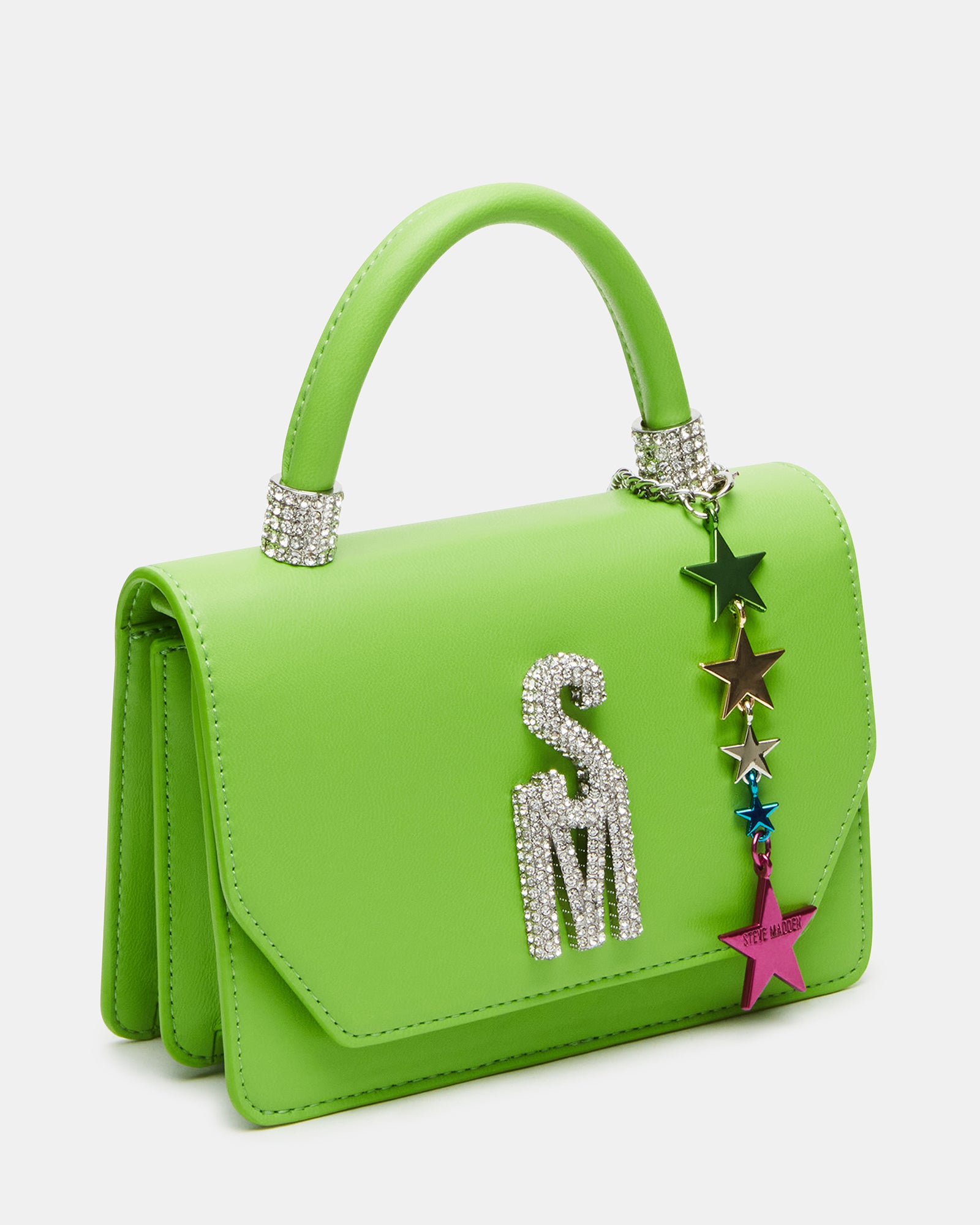 Front-facing black crossbody bag with lime green accents and star charm.