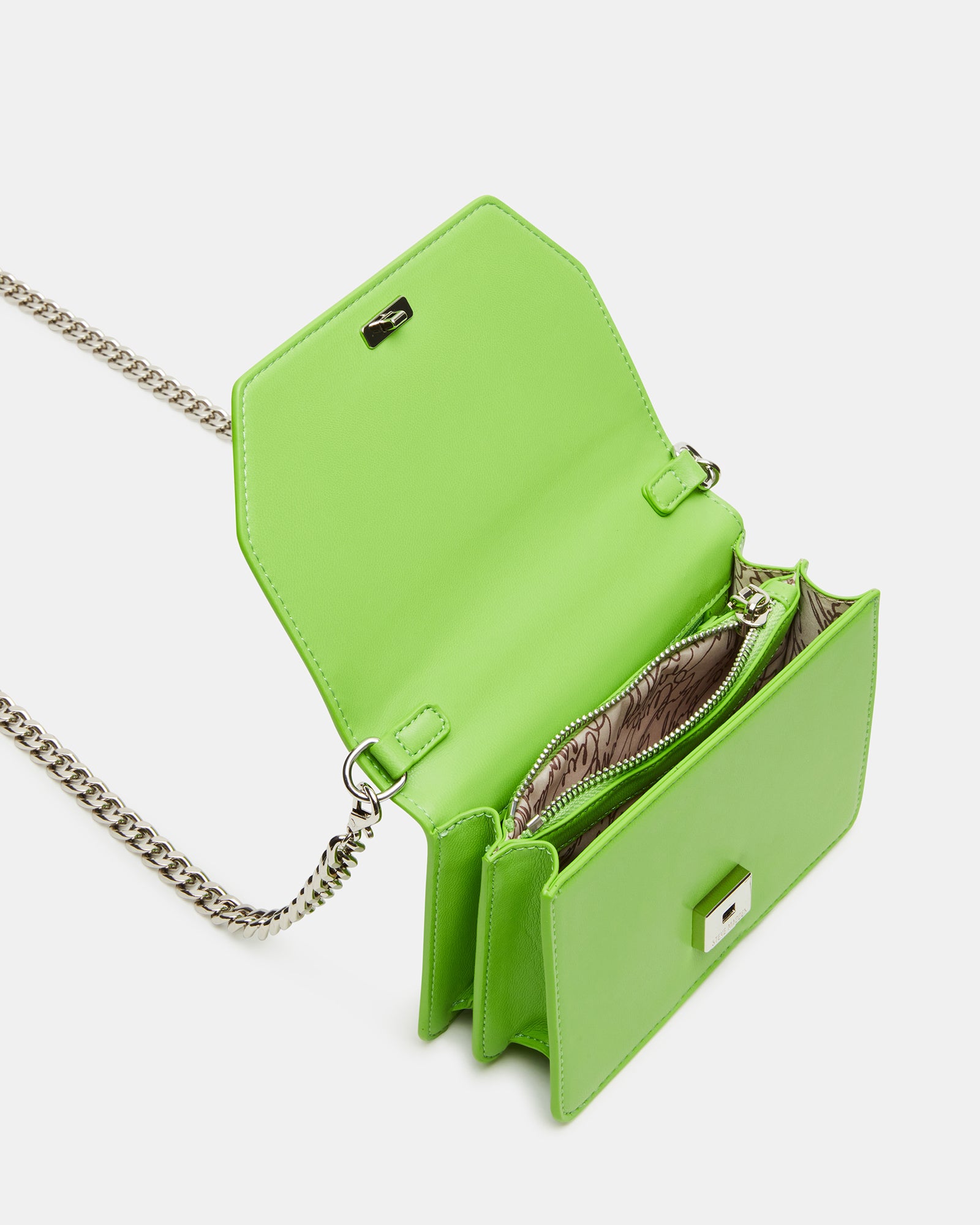 Close-up of top handle bag showing rhinestone bubble logo details.